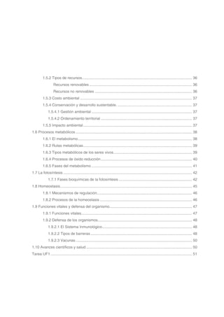 1.5.2 Tipos de recursos.......................................................................................................... 36
Recursos renovables................................................................................................... 36
Recursos no renovables.............................................................................................. 36
1.5.3 Costo ambiental............................................................................................................ 37
1.5.4 Conservación y desarrollo sustentable......................................................................... 37
1.5.4.1 Gestión ambiental................................................................................................. 37
1.5.4.2 Ordenamiento territorial........................................................................................ 37
1.5.5 Impacto ambiental......................................................................................................... 37
1.6 Procesos metabólicos................................................................................................................ 38
1.6.1 El metabolismo.............................................................................................................. 38
1.6.2 Rutas metabólicas......................................................................................................... 39
1.6.3 Tipos metabólicos de los seres vivos............................................................................ 39
1.6.4 Procesos de óxido reducción........................................................................................ 40
1.6.5 Fases del metabolismo................................................................................................. 41
1.7 La fotosíntesis............................................................................................................................ 42
1.7.1 Fases bioquímicas de la fotosíntesis....................................................................... 42
1.8 Homeostasis............................................................................................................................... 45
1.8.1 Mecanismos de regulación........................................................................................... 46
1.8.2 Procesos de la homeostasis......................................................................................... 46
1.9 Funciones vitales y defensa del organismo............................................................................... 47
1.9.1 Funciones vitales.......................................................................................................... 47
1.9.2 Defensa de los organismos........................................................................................... 48
1.9.2.1 El Sistema Inmunológico....................................................................................... 48
1.9.2.2 Tipos de barreras.................................................................................................. 48
1.9.2.3 Vacunas................................................................................................................ 50
1.10 Avances científicos y salud...................................................................................................... 50
Tarea UF1........................................................................................................................................ 51
 