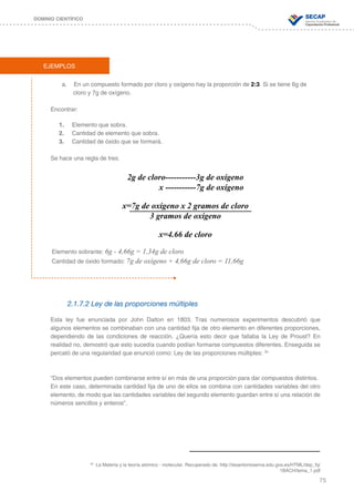 75
DOMINIO CIENTÍFICO
a.	 En un compuesto formado por cloro y oxígeno hay la proporción de 2:3. Si se tiene 6g de
	 cloro y 7g de oxígeno.
Encontrar:
1.	 Elemento que sobra.
2.	 Cantidad de elemento que sobra.
3.	 Cantidad de óxido que se formará.
Se hace una regla de tres:
2g de cloro-----------3g de oxígeno
	 x -----------7g de oxígeno
x=7g de oxígeno x 2 gramos de cloro
3 gramos de oxígeno
x=4.66 de cloro
Elemento sobrante: 6g - 4,66g = 1,34g de cloro
Cantidad de óxido formado: 7g de oxígeno + 4,66g de cloro = 11,66g
2.1.7.2 Ley de las proporciones múltiples
Esta ley fue enunciada por John Dalton en 1803. Tras numerosos experimentos descubrió que
algunos elementos se combinaban con una cantidad fija de otro elemento en diferentes proporciones,
dependiendo de las condiciones de reacción. ¿Quería esto decir que fallaba la Ley de Proust? En
realidad no, demostró que esto sucedía cuando podían formarse compuestos diferentes. Enseguida se
percató de una regularidad que enunció como: Ley de las proporciones múltiples: 30
“Dos elementos pueden combinarse entre sí en más de una proporción para dar compuestos distintos.
En este caso, determinada cantidad fija de uno de ellos se combina con cantidades variables del otro
elemento, de modo que las cantidades variables del segundo elemento guardan entre sí una relación de
números sencillos y enteros”.
EJEMPLOS
30
La Materia y la teoría atómico - molecular. Recuperado de: http://iesantonioserna.edu.gva.es/HTML/dep_fq/
1BACH/tema_1.pdf
 