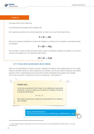 76
DOMINIO CIENTÍFICO
Se puede tomar como referencia:
La combinación de nitrógeno (N) y oxígeno (O).
Así: cuando se combina en la misma proporción, es decir uno a uno, forma óxido nítrico.
N + O → NO
Pero si se mantiene constante el volumen de nitrógeno y variamos en 2 el oxígeno, se tendrá peróxido
de nitrógeno.
N + 2O → NO2
Por otro lado, si sobre la base del óxido nítrico, luego se mantiene constante el oxígeno y se varía el
volumen de nitrógeno en 2, se obtendrá óxido nitroso.
2N + O → N2O
2.1.7.3 Ley de la conservación de la materia
Esta Ley fue postulada por Antonie Lavoisier, después de realizar varios experimentos en los cuales
medía la cantidad exacta de cada substancia que utilizaba y de las que obtenía después del cambio
químico sufrido, comprobando que la suma de las masas resultantes eran iguales a las iniciales.
Por lo que su ley dice: la materia no se crea ni se destruye: se transforma. 31
EJEMPLO
SABÍAS QUE…
La ley de conservación de la masa no es válida para reacciones
nucleares, ya que la materia se convierte en energía a través de
la ecuación de Einstein:
E = m . c 2.
Para estas reacciones se habla de conservación de la materia y
de la energía.
31
Leyes estequiométricas. Recuperado de: http://cvonline.uaeh.edu.mx/Cursos/BV/C0301/Unidad%20VII/71_lec_Este-
quiometria.pdf
Busca más información en:
http://iesantonioserna.edu.gva.es/HTML/dep_fq/1BACH/tema_1.pdf
 