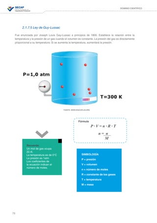 78
DOMINIO CIENTÍFICO
2.1.7.5 Ley de Guy-Lussac
Fue enunciada por Joseph Louis Gay-Lussac a principios de 1800. Establece la relación entre la
temperatura y la presión de un gas cuando el volumen es constante. La presión del gas es directamente
proporcional a su temperatura: Si se aumenta la temperatura, aumentará la presión.
FUENTE: WWW.EDUCAPLUS.ORG
Recuerda:
Un mol de gas ocupa
22.4l,
La temperatura es de 0°C
La presión es 1atm
Los coeficientes de
la ecuación indican el
número de moles.
Fórmula
P ∙ V = n ∙ R ∙ T
n = n
M
SIMBOLOGÍA
P = presión
V = volumen
n = número de moles
R = constante de los gases
T = temperatura
M = masa
 