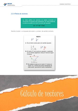 84
DOMINIO CIENTÍFICO
2.2.4 Resta de vectores
Siendo el vector –v el opuesto del vector v, es decir, de sentido contrario.
La resta gráfica de vectores se realiza sumando al
minuendo el opuesto del sustraendo. En otras palabras,
la resta se puede ver como la suma del opuesto.
u - v = u + (-v)
RESTA
Es el mismo vector pero con sentido opuesto.1.-
Al vector “b” se le suma su opuesto; o explicado
por el método algebraico más por menos es igual
a menos.
2.-
Se realiza la resta con el vector “a” menos el
vector “b” y unimos los puntos resultantes de
cada vector, que sería el vector resultante(r).
3.-
a
aa - b
a + (-b)
a - b = r
a
r
-a
-b
-b
 