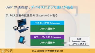 わんくま同盟 名古屋勉強会 #37
デバイス固有の拡張部分 (Extension) がある
UWP の API は、デバイスによって違いがある
16
UWP 共通部分
デスクトップ用 Extension
スマートフォン用 Extension
UWP 共通部分
ここを
「Windows Core」
と呼ぶこともある
 