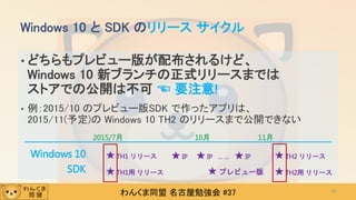 わんくま同盟 名古屋勉強会 #37
• どちらもプレビュー版が配布されるけど、
Windows 10 新ブランチの正式リリースまでは
ストアでの公開は不可 ☜ 要注意!
• 例：2015/10 のプレビュー版SDK で作ったアプリは、
2015/11(予定)の Windows 10 TH2 のリリースまで公開できない
Windows 10 と SDK のリリース サイクル
30
Windows 10
SDK
2015/7月 10月 11月
★ TH1 リリース
★ TH1用 リリース
★ IP ★ IP … … ★ IP
★ プレビュー版
★ TH2 リリース
★ TH2用 リリース
 