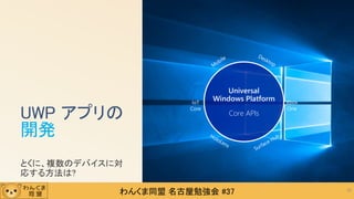 わんくま同盟 名古屋勉強会 #37
Xbox
One
IoT
Core
Universal
Windows Platform
Core APIsUWP アプリの
開発
とくに、複数のデバイスに対
応する方法は?
32
 