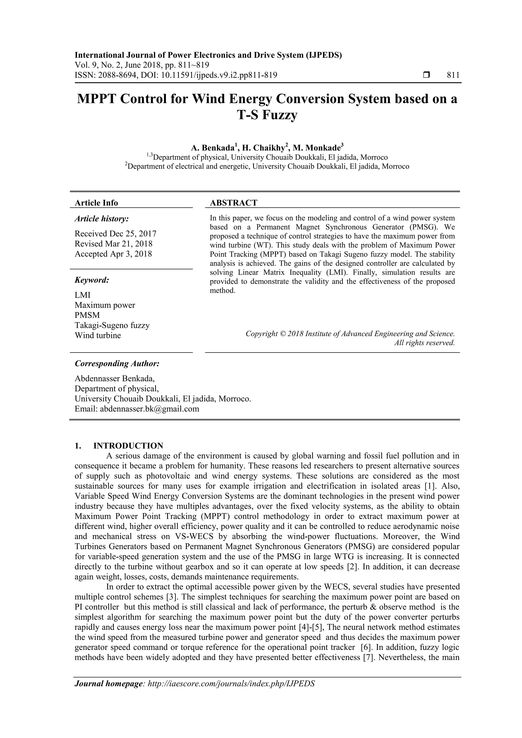 MPPT Control for Wind Energy Conversion System based on a T-S Fuzzy | PDF