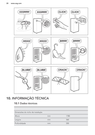 CLICK! CLICK!SSSRRR! SSSRRR!
BRRR! BRRR!HISSS! HISSS!
BLUBB! BLUBB! CRACK!CRACK!
10. INFORMAÇÃO TÉCNICA
10.1 Dados técnicos
Dimensões do nicho de instalação
Altura mm 1780
Largura mm 560
Profundidade mm 550
www.aeg.com20
 