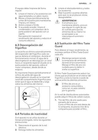El equipo debe limpiarse de forma
regular:
1. Limpie el interior y los accesorios con
agua templada y un jabón neutro.
2. Revise y limpie periódicamente las
juntas de la puerta para mantenerlas
limpias y sin restos;
3. Aclare y seque a fondo.
4. Si se puede acceder, limpie el
condensador y el compresor de la
parte posterior del aparato con un
cepillo.
Esa operación mejorará el
rendimiento del aparato y reducirá el
consumo eléctrico.
6.3 Descongelación del
frigorífico
La escarcha se elimina automáticamente
del evaporador del frigorífico cada vez
que se detiene el compresor, durante el
funcionamiento normal. El agua de la
descongelación se descarga por un canal
hacia un recipiente especial situado en la
parte posterior del aparato, sobre el
motor compresor, desde donde se
evapora.
Es importante limpiar periódicamente el
orificio de salida del agua de
descongelación situado en la mitad del
canal del compartimento frigorífico para
evitar que el agua se desborde y caiga
sobre los alimentos del interior.
6.4 Periodos de inactividad
Si el aparato no se utiliza durante un
tiempo prolongado, tome las siguientes
precauciones:
1. Desconecte el aparato de la red
eléctrica.
2. Extraiga todos los alimentos.
3. Limpie el electrodoméstico y todos
sus accesorios
4. Deje la puerta o puertas abiertas
para que no se produzcan olores
desagradables.
ADVERTENCIA!
Si el armario va a
mantenerse abierto, procure
que alguien lo vigile de vez
en cuando para que los
alimentos de su interior no
se estropeen si se
interrumpe el suministro
eléctrico.
6.5 Sustitución del filtro Taste
Guard
Para obtener el mejor rendimiento, se
aconseja cambiar el filtro Taste Guard
cada año
Mantenga siempre cerrada
la compuerta de ventilación
durante el funcionamiento.
Maneje el filtro de aire con
cuidado para no dañar ni
arañar su superficie
El filtro Taste Guard permite reducir los
olores que se producen en el interior del
frigorífico y evita la mezcla cruzada de
aromas entre los distintos alimentos
El filtro de aire es un
accesorio consumible y,
como tal, no está cubierto
por la garantía.
En la red de distribuidores autorizados
puede adquirir filtros de carbón nuevos.
1. Tire del filtro de aire usado para
extraerlo de la ranura.
Como el filtro de aire está detrás de
la compuerta, es preciso tirar de la
compuerta para acceder al filtro.
ESPAÑOL 31
 