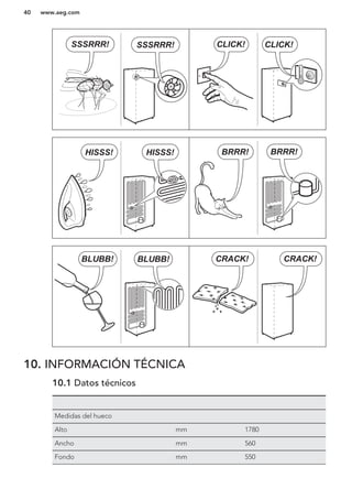 CLICK! CLICK!SSSRRR! SSSRRR!
BRRR! BRRR!HISSS! HISSS!
BLUBB! BLUBB! CRACK!CRACK!
10. INFORMACIÓN TÉCNICA
10.1 Datos técnicos
Medidas del hueco
Alto mm 1780
Ancho mm 560
Fondo mm 550
www.aeg.com40
 