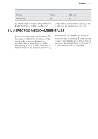 Tensión Voltios 230 - 240
Frecuencia Hz 50
La información técnica se encuentra en la
placa de datos técnicos situada en el
lado exterior o interior del aparato, y en
la etiqueta de consumo energético.
11. ASPECTOS MEDIOAMBIENTALES
Recicle los materiales con el símbolo .
Coloque el material de embalaje en los
contenedores adecuados para su
reciclaje. Ayude a proteger el medio
ambiente y la salud pública, así como a
reciclar residuos de aparatos eléctricos y
electrónicos. No deseche los aparatos
marcados con el símbolo junto con los
residuos domésticos. Lleve el producto a
su centro de reciclaje local o póngase en
contacto con su oficina municipal.
*
ESPAÑOL 41
 