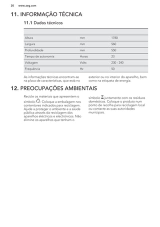 11. INFORMAÇÃO TÉCNICA
11.1 Dados técnicos
Altura mm 1780
Largura mm 560
Profundidade mm 550
Tempo de autonomia Horas 23
Voltagem Volts 230 - 240
Frequência Hz 50
As informações técnicas encontram-se
na placa de características, que está no
exterior ou no interior do aparelho, bem
como na etiqueta de energia.
12. PREOCUPAÇÕES AMBIENTAIS
Recicle os materiais que apresentem o
símbolo . Coloque a embalagem nos
contentores indicados para reciclagem.
Ajude a proteger o ambiente e a saúde
pública através da reciclagem dos
aparelhos eléctricos e electrónicos. Não
elimine os aparelhos que tenham o
símbolo juntamente com os resíduos
domésticos. Coloque o produto num
ponto de recolha para reciclagem local
ou contacte as suas autoridades
municipais.
www.aeg.com20
 