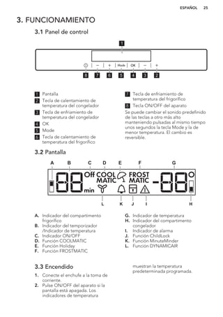 3. FUNCIONAMIENTO
3.1 Panel de control
5
1
678 4 3 2
1 Pantalla
2 Tecla de calentamiento de
temperatura del congelador
3 Tecla de enfriamiento de
temperatura del congelador
4 OK
5 Mode
6 Tecla de calentamiento de
temperatura del frigorífico
7 Tecla de enfriamiento de
temperatura del frigorífico
8 Tecla ON/OFF del aparato
Se puede cambiar el sonido predefinido
de las teclas a otro más alto
manteniendo pulsadas al mismo tiempo
unos segundos la tecla Mode y la de
menor temperatura. El cambio es
reversible.
3.2 Pantalla
Off COOL FROST
MATICMATIC
min
A B C D E F G
HIJKL
A. Indicador del compartimento
frigorífico
B. Indicador del temporizador
/Indicador de temperatura
C. Indicador ON/OFF
D. Función COOLMATIC
E. Función Holiday
F. Función FROSTMATIC
G. Indicador de temperatura
H. Indicador del compartimento
congelador
I. Indicador de alarma
J. Función ChildLock
K. Función MinuteMinder
L. Función DYNAMICAIR
3.3 Encendido
1. Conecte el enchufe a la toma de
corriente.
2. Pulse ON/OFF del aparato si la
pantalla está apagada. Los
indicadores de temperatura
muestran la temperatura
predeterminada programada.
ESPAÑOL 25
 