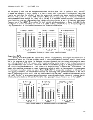 Intl J Agri Crop Sci. Vol., 7 (11), 853-862, 2014
859
Na
+
ion uptake by plant limits the absorption of essential ions such as K
+
and Ca
2+
(Jendoubi, 1997). The Ca
2+
increased salt tolerance of Plants (Munns et al. 1983; Epstein 1998) by its function in maintaining membrane
integrity and controlling the selectivity of plant ion uptake and transport under saline conditions (Lauchli and
Wieneke, 1979; Lynch and Lauchli, 1985; Marschner, 1995). Calcium plays a vital role in maintaining membrane
stability and permeability (Mengel and Kirkby, 1987). The Mg
2+
is an important element occupying a central position
in the chlorophyll molecule, thereby affecting the concentration of chlorophylls “a” and “b” in the green plant tissues
(Yasseen and Al-Thani, 2007). The results of this study coincide with those obtained by Daoud et al. (2013) in the
investigation of Spartina alterniflora and Tawfik et al. (2013) studying Leptochloafusca and Sporobolusvirginicus.
They expressed that Ca
2+
concentration decreased with increasing salinity levels.
Figure 6.Effects of salinity on calcium content in Nitrariaschoberi.
Magnesium (Mg
2+
)
Salinity levels that used in the present study affected very significantly (P<0.01) on the accumulation of
magnesium in leaves and roots of N. schoberi (Table 3). Although there was no significant effect of salinity on the
rate of this parameter in the stems. The Statistical comparison suggests that magnesium accumulation in leaves
and roots significantly (P<0.01) increased with increasing salinity levels compared with control, however, no
significant differences were observed between the different levels of salinity (Figure 7). StudyingLeptochloafusca
and SporobolusvirginicusTawfiket al. (2013) noted to no effect of salinity increase in Mg
2+
concentration. The
results of the statistical comparison of means shows that the effects of salinity on the magnesium ion concentration
in the roots are more than stems and leaves (Figure 7).The Mg
2+
is an essential constituent of chlorophyll and
some glycolysis enzymes, its concentration increased with increasing water salinity concentration in the culture
medium, for this reason plants did not show any chlorosis symptoms due to Mg
2+
deficiency up to treatment 4 (246
mM NaCl). The Mg
2+
is an important element occupying a central position in the chlorophyll molecule, thereby
affecting the concentration of chlorophylls “a” and “b” in the green plant tissues (Yasseen and Al-Thani, 2007).
Figure 7.Effects of salinity on magnesium content in Nitrariaschoberi.
b
a
ab ab b
0
20000
40000
60000
80000
100000
120000
140000
0 86 160 204 246
ppm
mM NaCl
1. Root Ca content
a
a
a
a
a
50000
51000
52000
53000
54000
55000
56000
57000
58000
0 86 160 204 246
ppm
mM NaCl
2. Stem Ca content
a a
b b b
0
10000
20000
30000
40000
50000
60000
70000
80000
90000
0 86 160 204 246
ppm
mM NaCl
3. Leaf Ca content
b
a
a
a
a
0
10000
20000
30000
40000
50000
60000
70000
0 86 160 204 246
ppm
mM NaCl
1. Root Mg
content
a
b b
ab
b
0
5000
10000
15000
20000
0 86 160 204 246
ppm
mM NaCl
2. Stem Mg
content
b
a
a a a
0
5000
10000
15000
20000
25000
30000
35000
0 86 160 204 246
ppm
mM NaCl
3. Leaf Mg content
 