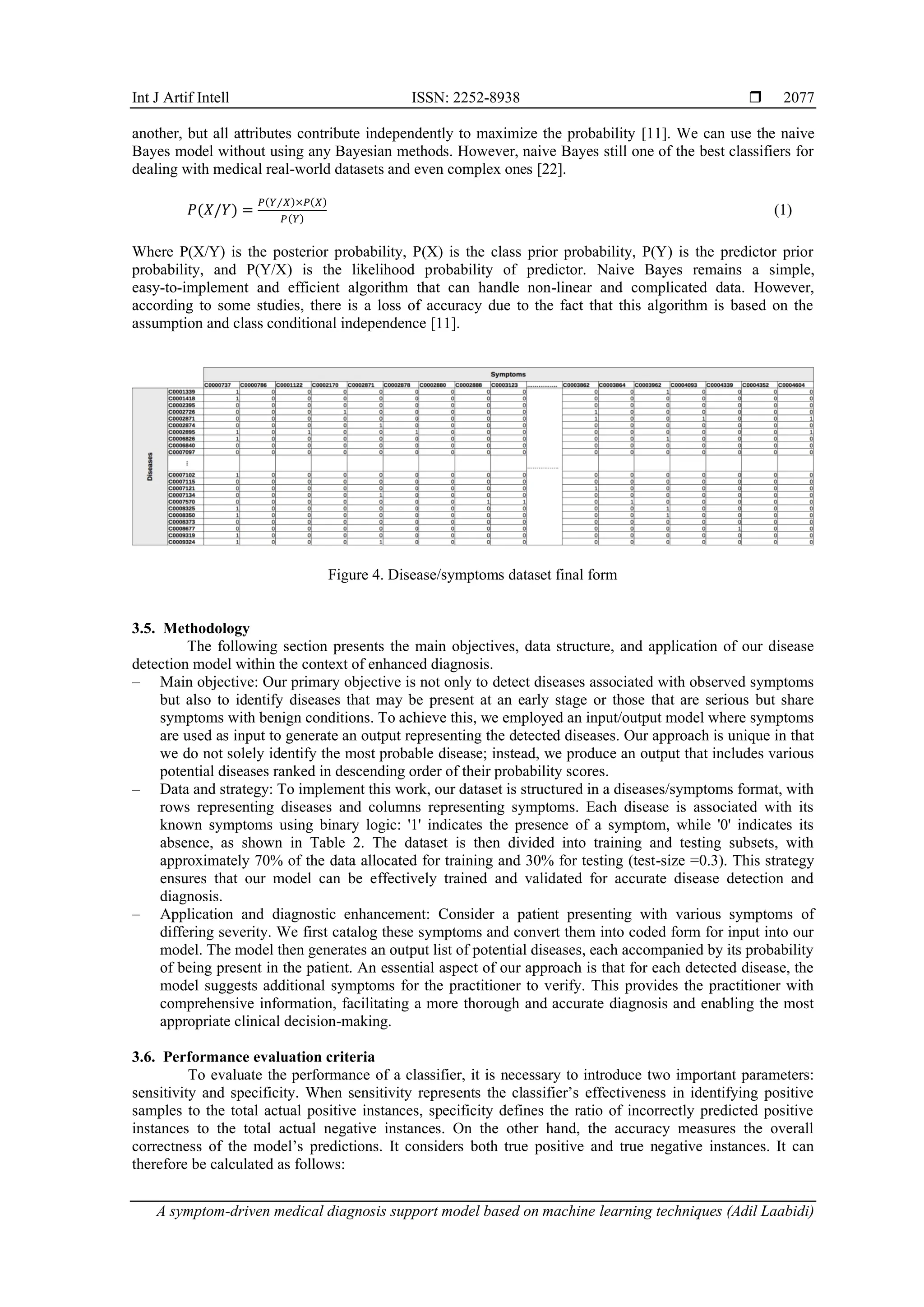 Int J Artif Intell ISSN: 2252-8938 
A symptom-driven medical diagnosis support model based on machine learning techniques (Adil Laabidi)
2077
another, but all attributes contribute independently to maximize the probability [11]. We can use the naive
Bayes model without using any Bayesian methods. However, naive Bayes still one of the best classifiers for
dealing with medical real-world datasets and even complex ones [22].
𝑃(𝑋/𝑌) =
𝑃(𝑌 𝑋
⁄ )×𝑃(𝑋)
𝑃(𝑌)
(1)
Where P(X/Y) is the posterior probability, P(X) is the class prior probability, P(Y) is the predictor prior
probability, and P(Y/X) is the likelihood probability of predictor. Naive Bayes remains a simple,
easy-to-implement and efficient algorithm that can handle non-linear and complicated data. However,
according to some studies, there is a loss of accuracy due to the fact that this algorithm is based on the
assumption and class conditional independence [11].
Figure 4. Disease/symptoms dataset final form
3.5. Methodology
The following section presents the main objectives, data structure, and application of our disease
detection model within the context of enhanced diagnosis.
‒ Main objective: Our primary objective is not only to detect diseases associated with observed symptoms
but also to identify diseases that may be present at an early stage or those that are serious but share
symptoms with benign conditions. To achieve this, we employed an input/output model where symptoms
are used as input to generate an output representing the detected diseases. Our approach is unique in that
we do not solely identify the most probable disease; instead, we produce an output that includes various
potential diseases ranked in descending order of their probability scores.
‒ Data and strategy: To implement this work, our dataset is structured in a diseases/symptoms format, with
rows representing diseases and columns representing symptoms. Each disease is associated with its
known symptoms using binary logic: '1' indicates the presence of a symptom, while '0' indicates its
absence, as shown in Table 2. The dataset is then divided into training and testing subsets, with
approximately 70% of the data allocated for training and 30% for testing (test-size =0.3). This strategy
ensures that our model can be effectively trained and validated for accurate disease detection and
diagnosis.
‒ Application and diagnostic enhancement: Consider a patient presenting with various symptoms of
differing severity. We first catalog these symptoms and convert them into coded form for input into our
model. The model then generates an output list of potential diseases, each accompanied by its probability
of being present in the patient. An essential aspect of our approach is that for each detected disease, the
model suggests additional symptoms for the practitioner to verify. This provides the practitioner with
comprehensive information, facilitating a more thorough and accurate diagnosis and enabling the most
appropriate clinical decision-making.
3.6. Performance evaluation criteria
To evaluate the performance of a classifier, it is necessary to introduce two important parameters:
sensitivity and specificity. When sensitivity represents the classifier’s effectiveness in identifying positive
samples to the total actual positive instances, specificity defines the ratio of incorrectly predicted positive
instances to the total actual negative instances. On the other hand, the accuracy measures the overall
correctness of the model’s predictions. It considers both true positive and true negative instances. It can
therefore be calculated as follows:
 
