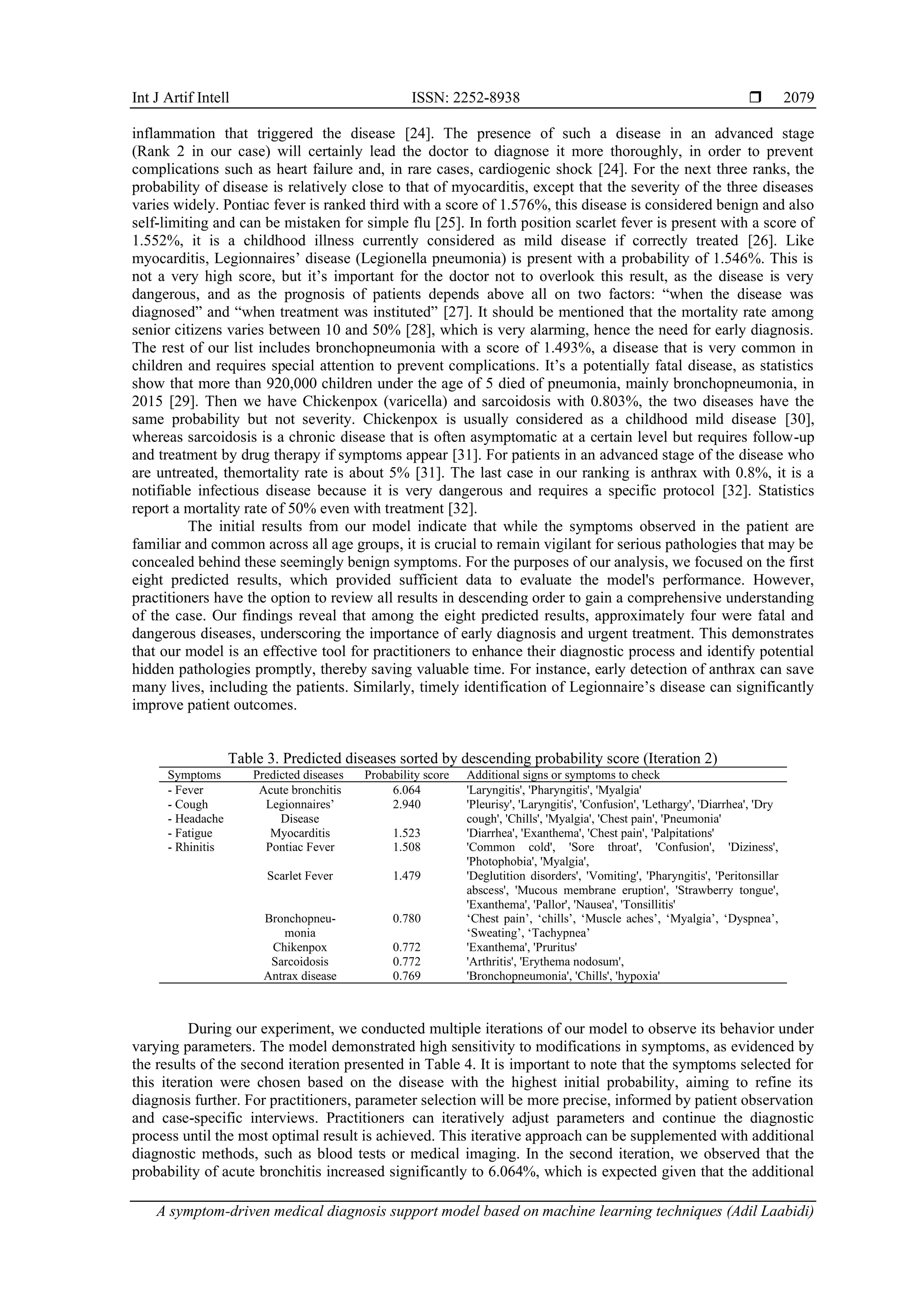 Int J Artif Intell ISSN: 2252-8938 
A symptom-driven medical diagnosis support model based on machine learning techniques (Adil Laabidi)
2079
inflammation that triggered the disease [24]. The presence of such a disease in an advanced stage
(Rank 2 in our case) will certainly lead the doctor to diagnose it more thoroughly, in order to prevent
complications such as heart failure and, in rare cases, cardiogenic shock [24]. For the next three ranks, the
probability of disease is relatively close to that of myocarditis, except that the severity of the three diseases
varies widely. Pontiac fever is ranked third with a score of 1.576%, this disease is considered benign and also
self-limiting and can be mistaken for simple flu [25]. In forth position scarlet fever is present with a score of
1.552%, it is a childhood illness currently considered as mild disease if correctly treated [26]. Like
myocarditis, Legionnaires’ disease (Legionella pneumonia) is present with a probability of 1.546%. This is
not a very high score, but it’s important for the doctor not to overlook this result, as the disease is very
dangerous, and as the prognosis of patients depends above all on two factors: “when the disease was
diagnosed” and “when treatment was instituted” [27]. It should be mentioned that the mortality rate among
senior citizens varies between 10 and 50% [28], which is very alarming, hence the need for early diagnosis.
The rest of our list includes bronchopneumonia with a score of 1.493%, a disease that is very common in
children and requires special attention to prevent complications. It’s a potentially fatal disease, as statistics
show that more than 920,000 children under the age of 5 died of pneumonia, mainly bronchopneumonia, in
2015 [29]. Then we have Chickenpox (varicella) and sarcoidosis with 0.803%, the two diseases have the
same probability but not severity. Chickenpox is usually considered as a childhood mild disease [30],
whereas sarcoidosis is a chronic disease that is often asymptomatic at a certain level but requires follow-up
and treatment by drug therapy if symptoms appear [31]. For patients in an advanced stage of the disease who
are untreated, themortality rate is about 5% [31]. The last case in our ranking is anthrax with 0.8%, it is a
notifiable infectious disease because it is very dangerous and requires a specific protocol [32]. Statistics
report a mortality rate of 50% even with treatment [32].
The initial results from our model indicate that while the symptoms observed in the patient are
familiar and common across all age groups, it is crucial to remain vigilant for serious pathologies that may be
concealed behind these seemingly benign symptoms. For the purposes of our analysis, we focused on the first
eight predicted results, which provided sufficient data to evaluate the model's performance. However,
practitioners have the option to review all results in descending order to gain a comprehensive understanding
of the case. Our findings reveal that among the eight predicted results, approximately four were fatal and
dangerous diseases, underscoring the importance of early diagnosis and urgent treatment. This demonstrates
that our model is an effective tool for practitioners to enhance their diagnostic process and identify potential
hidden pathologies promptly, thereby saving valuable time. For instance, early detection of anthrax can save
many lives, including the patients. Similarly, timely identification of Legionnaire’s disease can significantly
improve patient outcomes.
Table 3. Predicted diseases sorted by descending probability score (Iteration 2)
Symptoms Predicted diseases Probability score Additional signs or symptoms to check
- Fever
- Cough
- Headache
- Fatigue
- Rhinitis
Acute bronchitis 6.064 'Laryngitis', 'Pharyngitis', 'Myalgia'
Legionnaires’
Disease
2.940 'Pleurisy', 'Laryngitis', 'Confusion', 'Lethargy', 'Diarrhea', 'Dry
cough', 'Chills', 'Myalgia', 'Chest pain', 'Pneumonia'
Myocarditis 1.523 'Diarrhea', 'Exanthema', 'Chest pain', 'Palpitations'
Pontiac Fever 1.508 'Common cold', 'Sore throat', 'Confusion', 'Diziness',
'Photophobia', 'Myalgia',
Scarlet Fever 1.479 'Deglutition disorders', 'Vomiting', 'Pharyngitis', 'Peritonsillar
abscess', 'Mucous membrane eruption', 'Strawberry tongue',
'Exanthema', 'Pallor', 'Nausea', 'Tonsillitis'
Bronchopneu-
monia
0.780 ‘Chest pain’, ‘chills’, ‘Muscle aches’, ‘Myalgia’, ‘Dyspnea’,
‘Sweating’, ‘Tachypnea’
Chikenpox 0.772 'Exanthema', 'Pruritus'
Sarcoidosis 0.772 'Arthritis', 'Erythema nodosum',
Antrax disease 0.769 'Bronchopneumonia', 'Chills', 'hypoxia'
During our experiment, we conducted multiple iterations of our model to observe its behavior under
varying parameters. The model demonstrated high sensitivity to modifications in symptoms, as evidenced by
the results of the second iteration presented in Table 4. It is important to note that the symptoms selected for
this iteration were chosen based on the disease with the highest initial probability, aiming to refine its
diagnosis further. For practitioners, parameter selection will be more precise, informed by patient observation
and case-specific interviews. Practitioners can iteratively adjust parameters and continue the diagnostic
process until the most optimal result is achieved. This iterative approach can be supplemented with additional
diagnostic methods, such as blood tests or medical imaging. In the second iteration, we observed that the
probability of acute bronchitis increased significantly to 6.064%, which is expected given that the additional
 
