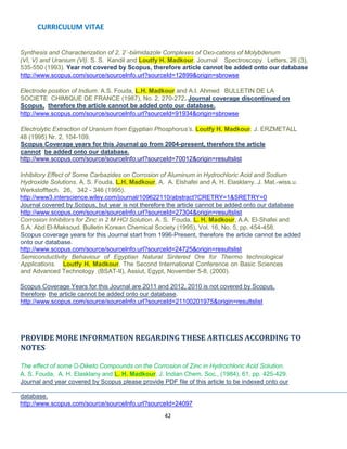 CURRICULUM VITAE
42
Synthesis and Characterization of 2, 2`-biimidazole Complexes of Oxo-cations of Molybdenum
(VI, V) and Uranium (VI). S. S. Kandil and Loutfy H. Madkour. Journal Spectroscopy Letters, 26 (3),
535-550 (1993). Year not covered by Scopus, therefore article cannot be added onto our database
http://www.scopus.com/source/sourceInfo.url?sourceId=12899&origin=sbrowse
Electrode position of Indium. A.S. Fouda, L.H. Madkour and A.I. Ahmed BULLETIN DE LA
SOCIETE CHIMIQUE DE FRANCE (1987), No. 2, 270-272. Journal coverage discontinued on
Scopus, therefore the article cannot be added onto our database.
http://www.scopus.com/source/sourceInfo.url?sourceId=91934&origin=sbrowse
Electrolytic Extraction of Uranium from Egyptian Phosphorus’s. Loutfy H. Madkour. J. ERZMETALL
48 (1995) Nr. 2, 104-109.
Scopus Coverage years for this Journal go from 2004-present, therefore the article
cannot be added onto our database.
http://www.scopus.com/source/sourceInfo.url?sourceId=70012&origin=resultslist
Inhibitory Effect of Some Carbazides on Corrosion of Aluminum in Hydrochloric Acid and Sodium
Hydroxide Solutions. A. S. Fouda, L.H. Madkour, A. A. Elshafei and A. H. Elasklany. J. Mat.-wiss.u.
Werkstofftech. 26, 342 - 346 (1995).
http://www3.interscience.wiley.com/journal/109622110/abstract?CRETRY=1&SRETRY=0
Journal covered by Scopus, but year is not therefore the article cannot be added onto our database
http://www.scopus.com/source/sourceInfo.url?sourceId=27304&origin=resultslist
Corrosion Inhibitors for Zinc in 2 M HCl Solution. A. S. Fouda, L. H. Madkour, A.A. El-Shafei and
S.A. Abd El-Maksoud. Bulletin Korean Chemical Society (1995), Vol. 16, No. 5, pp. 454-458.
Scopus coverage years for this Journal start from 1996-Present, therefore the article cannot be added
onto our database.
http://www.scopus.com/source/sourceInfo.url?sourceId=24725&origin=resultslist
Semiconductivity Behaviour of Egyptian Natural Sintered Ore for Thermo technological
Applications. Loutfy H. Madkour. The Second International Conference on Basic Sciences
and Advanced Technology (BSAT-II), Assiut, Egypt, November 5-8, (2000).
Scopus Coverage Years for this Journal are 2011 and 2012, 2010 is not covered by Scopus,
therefore the article cannot be added onto our database.
http://www.scopus.com/source/sourceInfo.url?sourceId=21100201975&origin=resultslist
PROVIDE MORE INFORMATION REGARDING THESE ARTICLES ACCORDING TO
NOTES
The effect of some -Diketo Compounds on the Corrosion of Zinc in Hydrochloric Acid Solution.
A. S. Fouda, A. H. Elasklany and L. H. Madkour. J. Indian Chem. Soc., (1984), 61, pp. 425-429.
Journal and year covered by Scopus please provide PDF file of this article to be indexed onto our
database.
http://www.scopus.com/source/sourceInfo.url?sourceId=24097
 