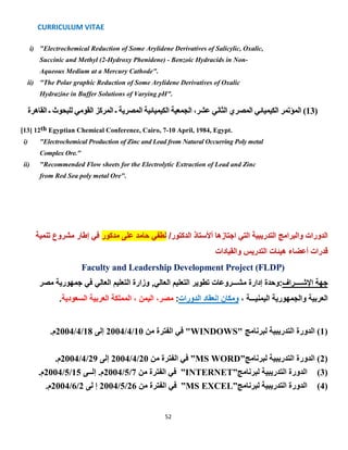 CURRICULUM VITAE
52
i) "Electrochemical Reduction of Some Arylidene Derivatives of Salicylic, Oxalic,
Succinic and Methyl (2-Hydroxy Phenidene) - Benzoic Hydracids in Non-
Aqueous Medium at a Mercury Cathode".
ii) "The Polar graphic Reduction of Some Arylidene Derivatives of Oxalic
Hydrazine in Buffer Solutions of Varying pH".
(13‫المؤتمر‬ )‫الكيميائي‬‫المصري‬‫الثاني‬‫المركز‬ ‫ـ‬ ‫المصرية‬ ‫الكيميائية‬ ‫الجمعية‬ ،‫عشر‬‫القومي‬‫القاه‬ ‫ـ‬ ‫للبحوث‬‫رة‬
10 April, 1984, Egypt.-Egyptian Chemical Conference, Cairo, 7th13] 12[
i) "Electrochemical Production of Zinc and Lead from Natural Occurring Poly metal
Complex Ore."
ii) "Recommended Flow sheets for the Electrolytic Extraction of Lead and Zinc
from Red Sea poly metal Ore".
‫التي‬ ‫التدريبية‬ ‫والبرامج‬ ‫الدورات‬‫اجتازها‬/‫الدكتور‬ ‫أألستاذ‬‫لطفي‬‫مدكور‬ ‫على‬ ‫حامد‬‫في‬‫تنمية‬ ‫مشروع‬ ‫إطار‬
‫أعضاء‬ ‫قدرات‬‫والقيادات‬ ‫التدريس‬ ‫هيئات‬
Faculty and Leadership Development Project (FLDP)
‫اإلشــــراف‬ ‫جهة‬‫التعليم‬ ‫تطوير‬ ‫مشـــروعات‬ ‫إدارة‬ ‫:وحدة‬,‫العالي‬‫التعليم‬ ‫وزارة‬‫في‬ ‫العالي‬‫مصر‬ ‫جمهورية‬
‫العربية‬‫و‬‫اليمنيـــة‬ ‫الجمهورية‬،‫الدورات‬ ‫إنعقاد‬ ‫ومكان‬:،‫مصر‬‫السعودية‬ ‫العربية‬ ‫المملكة‬ ، ‫اليمن‬.
(1" ‫لبرنامج‬ ‫التدريبية‬ ‫الدورة‬ )WINDOWS‫من‬ ‫الفترة‬ ‫في‬ "10/4/2004‫إلى‬18/4/2004.‫م‬
(2‫لبرنامج‬ ‫التدريبية‬ ‫الدورة‬ )”MS WORD”‫من‬ ‫الفترة‬ ‫في‬20/4/2004‫إلى‬29/4/2004.‫م‬
(3)‫لبرنامج‬ ‫التدريبية‬ ‫الدورة‬”INTERNET”‫من‬ ‫الفترة‬ ‫في‬7/5/2004‫إلــى‬ .‫م‬15/5/2004.‫م‬
(4)‫لبرنامج‬ ‫التدريبية‬ ‫الدورة‬”MS EXCEL”‫من‬ ‫الفترة‬ ‫في‬26/5/2004‫لى‬ ‫إ‬2/6/2004.‫م‬
 