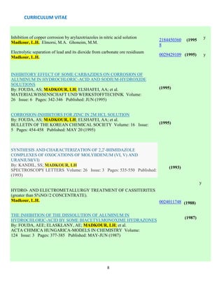 CURRICULUM VITAE
8
Inhibition of copper corrosion by arylazotriazoles in nitric acid solution
Madkour, L.H. Elmorsi, M.A. Ghoneim, M.M.
2184450360
8
(1995
y
Electrolytic separation of lead and its dioxide from carbonate ore residiuum
Madkour, L.H.
0029429109 (1995) y
INHIBITORY EFFECT OF SOME CARBAZIDES ON CORROSION OF
ALUMINUM IN HYDROCHLORIC-ACID AND SODIUM-HYDROXIDE
SOLUTIONS
By: FOUDA, AS; MADKOUR, LH; ELSHAFEI, AA; et al.
MATERIALWISSENSCHAFT UND WERKSTOFFTECHNIK Volume:
26 Issue: 6 Pages: 342-346 Published: JUN (1995)
CORROSION-INHIBITORS FOR ZINC IN 2M HCL SOLUTION
By: FOUDA, AS; MADKOUR, LH; ELSHAFEI, AA; et al.
BULLETIN OF THE KOREAN CHEMICAL SOCIETY Volume: 16 Issue:
5 Pages: 454-458 Published: MAY 20 (1995)
SYNTHESIS AND CHARACTERIZATION OF 2,2'-BIIMIDAZOLE
COMPLEXES OF OXOCATIONS OF MOLYBDENUM (VI, V) AND
URANIUM(VI)
By: KANDIL, SS; MADKOUR, LH
SPECTROSCOPY LETTERS Volume: 26 Issue: 3 Pages: 535-550 Published:
(1993)
HYDRO- AND ELECTROMETALLURGY TREATMENT OF CASSITERITES
(greater than S%NO//2 CONCENTRATE).
Madkour, L.H.
(1995)
(1995)
(1993)
0024011748 (1988)
y
THE INHIBITION OF THE DISSOLUTION OF ALUMINUM IN
HYDROCHLORIC-ACID BY SOME BIACETYLMONOXIME HYDRAZONES
By: FOUDA, AEE; ELASKLANY, AE; MADKOUR, LH; et al.
ACTA CHIMICA HUNGARICA-MODELS IN CHEMISTRY Volume:
124 Issue: 3 Pages: 377-385 Published: MAY-JUN (1987)
(1987)
 