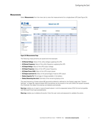 Configuring the Card
Eaton Network Card-MS User’s Guide P-164000100—Rev 1 www.eaton.com/powerquality 31
Measurements
Select Measurements from the menu bar to view the measurements for a single-phase UPS (see Figure 24).
Figure 24. Measurements Page
The following measurements are saved and time-stamped:
l AC Normal Voltage: Value of the utility voltage supplying the UPS
l AC Normal Frequency: Value of the utility frequency supplying the UPS
l AC Output Voltage: Value of the UPS output voltage
l AC Output Frequency: Value of the UPS output frequency
l AC Output Power (kVA): Value of the UPS output power
l AC Output Load level (%): Value of the percentage of load at UPS output
l Battery Capacity (%): Percentage of charge available in the battery
l Battery Remaining time (min): Estimate of the remaining backup time
The save frequency of these values (60 seconds by default) is defined on the System page (see “System
Settings” on page 39). Approximately 435 time-stamps can be stored on the card. When the system exceeds
this threshold, the oldest time-stamps are deleted automatically.
Save Log enables you to open or save all saved values in comma separated values (CSV) format (compatible
with Microsoft Excel type spreadsheets).
Clear Log enables you to delete all records. Enter the user name and password to validate this action.
 