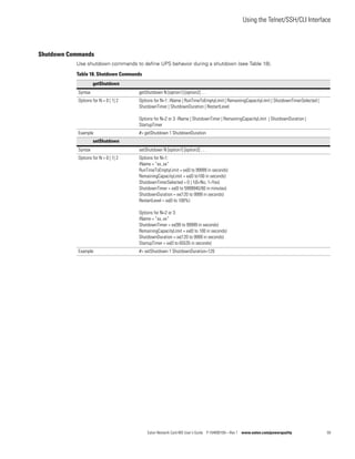 Using the Telnet/SSH/CLI Interface
Eaton Network Card-MS User’s Guide P-164000100—Rev 1 www.eaton.com/powerquality 59
Shutdown Commands
Use shutdown commands to define UPS behavior during a shutdown (see Table 18).
Table 18. Shutdown Commands
getShutdown
Syntax getShutdown N [option1] [option2] . . .
Options for N = 0 | 1| 2 Options for N=1: iName | RunTimeToEmptyLimit | RemainingCapacityLimit | ShutdownTimerSelected |
ShutdownTimer | ShutdownDuration | RestartLevel
Options for N=2 or 3: iName | ShutdownTimer | RemainingCapacityLimit | ShutdownDuration |
StartupTimer
Example #> getShutdown 1 ShutdownDuration
setShutdown
Syntax setShutdown N [option1] [option2] . . .
Options for N = 0 | 1| 2 Options for N=1:
iName = “xx..xx“
RunTimeToEmptyLimit = xx(0 to 99999 in seconds)
RemainingCapacityLimit = xx(0 to100 in seconds)
ShutdownTimerSelected = 0 | 1(0=No, 1=Yes)
ShutdownTimer = xx(0 to 5999940/60 in minutes)
ShutdownDuration = xx(120 to 9999 in seconds)
RestartLevel = xx(0 to 100%)
Options for N=2 or 3:
iName = “xx..xx“
ShutdownTimer = xx(99 to 99999 in seconds)
RemainingCapacityLimit = xx(0 to 100 in seconds)
ShutdownDuration = xx(120 to 9999 in seconds)
StartupTimer = xx(0 to 65535 in seconds)
Example #> setShutdown 1 ShutdownDuration=120
 