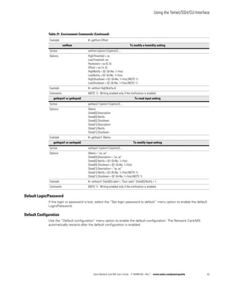 Using the Telnet/SSH/CLI Interface
Eaton Network Card-MS User’s Guide P-164000100—Rev 1 www.eaton.com/powerquality 62
Default Login/Password
If the login or password is lost, select the “Set login password to default” menu option to enable the default
Login/Password.
Default Configuration
Use the “Default configuration” menu option to enable the default configuration. The Network Card-MS
automatically restarts after the default configuration is enabled.
Example #> getHum Offset
setHum To modify a humidity setting
Syntax setHum [option1] [option2] ...
Options HighThreshold = xx
LowThreshold =xx
Hysteresis = xx (0..5)
Offset = xx (-5..5)
HighNotify = 0|1 (0=No, 1=Yes)
LowNotify = 0|1 (0=No, 1=Yes)
HighShutdown = 0|1 (0=No, 1=Yes) (NOTE 1)
LowShutdown = 0|1 (0=No, 1=Yes) (NOTE 1)
Example #> setHum HighNotify=0
Comments (NOTE 1) : Writing enabled only if the notification is enabled
getInput1 or getInput2 To read input setting
Syntax getInput1 [option1] [option2] ...
Options iName
State[0].Description
State[0].Notify
State[0].Shutdown
State[1].Description
State[1].Notify
State[1].Shutdown
Example #> getInput1 iName
getInput1 or serInput2 To modify input setting
Syntax setInput1 [option1] [option2] ...
Options iName = “xx..xx”
State[0].Description = “xx..xx”
State[0].Notify = 0|1 (0=No, 1=Yes)
State[0].Shutdown = 0|1 (0=No, 1=Yes)
State[1].Description = “xx..xx”
State[1].Notify = 0|1 (0=No, 1=Yes) (NOTE 1)
State[1].Shutdown = 0|1 (0=No, 1=Yes) (NOTE 1)
Example #> setInput1 State[0].Label = “Door open” State[0].Notify = 1
Comments (NOTE 1) : Writing enabled only if the notification is enabled
Table 21. Environment Commands (Continued)
 