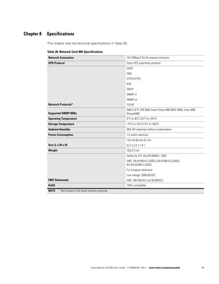 Eaton Network Card-MS User’s Guide P-164000100—Rev 1 www.eaton.com/powerquality 80
Chapter 8 Specifications
This chapter lists the technical specifications in Table 28.
Table 28. Network Card-MS Specifications
Network Connection 10/100BaseT RJ-45 network connector
UPS Protocol Eaton UPS proprietary protocol
Network Protocols*
DHCP
DNS
HTTP/HTTPS
NTP
SMTP
SNMP v1
SNMP v3
TCP/IP
Supported SNMP MIBs
MIB II, IETF UPS MIB, Eaton Pulsar MIB (MGE MIB), Eaton MIB
(PowerMIB)
Operating Temperature 0C to 40C (32F to 104F)
Storage Temperature -10C to 70C (14F to 158F)
Ambient Humidity 90% RH maximum without condensation
Power Consumption 1.5 watts maximum
Size (L x W x H)
132 mm66 mm42 mm
(5.2”x2.6”x 1.6”)
Weight 70g (2.5 oz)
EMC Statements
Safety for ATI: IEC/EN 60950-1 2002
EMC: EN 61000-6-2 (2002), EN 61000-6-3 (2002),
IEC/EN 62040-2 (2002)
For European directives:
Low voltage: 2006/95/EEC
EMC: 89/336/EEC and 93/68/EEC
RoHS 100% compatible
NOTE * Not limited to the listed network protocols
 