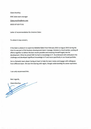 Letter of recommendation for Antoine Calon
