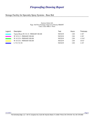 Fireproofing Drawing Report
Storage Facility for Specialty Spray Systems - Base Bid
The Estimating Edge, LLC 1301 N. Congress Ave, Suite 400 Boynton Beach, FL 33426 Phone: 561-276-9100 Fax: 561-276-9492
1/11/2017 Page 6
Fireproofing Drawing Report
Storage Facility for Specialty Spray Systems - Base Bid
The Estimating Edge, LLC 1301 N. Congress Ave, Suite 400 Boynton Beach, FL 33426 Phone: 561-276-9100 Fax: 561-276-9492
1/11/2017 Page 6
Section: Entire Job
Page: 4th Floor Framing 2-hour Low Density MK6HY
Calcs: Calcs MK-6 - Floor
Legend Description Test Hours Thickness
Typical Beam W 8 X 10 - PRIMARY BEAM N852LW 2.00 1-3/8"
W 10 X 12 - PRIMARY BEAM N852LW 2.00 1-3/8"
W 16 X 26 - PRIMARY BEAM N852LW 2.00 1-3/16"
W 18 X 46 - PRIMARY BEAM N852LW 2.00 15/16"
L 5 X 5 X 3/8 N852LW 2.00 1-1/8"
 
