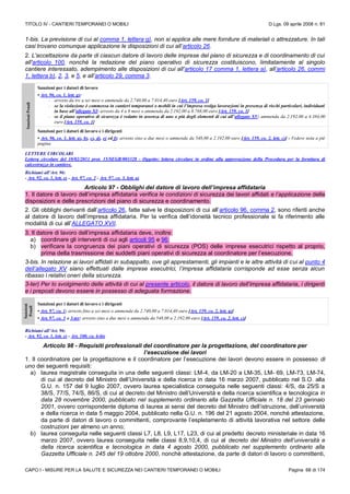 TITOLO IV - CANTIERI TEMPORANEI O MOBILI D.Lgs. 09 aprile 2008 n. 81
CAPO I - MISURE PER LA SALUTE E SICUREZZA NEI CANTIERI TEMPORANEI O MOBILI Pagina 68 di 174
1-bis. La previsione di cui al comma 1, lettera g), non si applica alle mere forniture di materiali o attrezzature. In tali
casi trovano comunque applicazione le disposizioni di cui all’articolo 26.
2. L'accettazione da parte di ciascun datore di lavoro delle imprese del piano di sicurezza e di coordinamento di cui
all'articolo 100, nonché la redazione del piano operativo di sicurezza costituiscono, limitatamente al singolo
cantiere interessato, adempimento alle disposizioni di cui all'articolo 17 comma 1, lettera a), all’articolo 26, commi
1, lettera b), 2, 3, e 5, e all’articolo 29, comma 3.
SanzioniPenali
Sanzioni per i datori di lavoro
• Art. 96, co. 1, lett. g):
- arresto da tre a sei mesi o ammenda da 2.740,00 a 7.014,40 euro [Art. 159, co. 1]
- se la violazione è commessa in cantieri temporanei o mobili in cui l’impresa svolga lavorazioni in presenza di rischi particolari, individuati
in base all’allegato XI: arresto da 4 a 8 mesi o ammenda da 2.192,00 a 8.768,00 euro [Art. 159, co. 1]
- se il piano operativo di sicurezza è redatto in assenza di uno o più degli elementi di cui all’allegato XV: ammenda da 2.192,00 a 4.384,00
euro [Art. 159, co. 1]
Sanzioni per i datori di lavoro e i dirigenti
• Art. 96, co. 1, lett. a), b), c), d), e) ed f): arresto sino a due mesi o ammenda da 548,00 a 2.192,00 euro [Art. 159, co. 2, lett. c)] - Vedere nota a piè
pagina
LETTERE CIRCOLARI
Lettera circolare del 10/02/2011 prot. 15/SEGR/003328 - Oggetto: lettera circolare in ordine alla approvazione della Procedura per la fornitura di
calcestruzzo in cantiere.
Richiami all’Art. 96:
- Art. 92, co. 1, lett. e) - Art. 97, co. 2 - Art. 97, co. 3, lett. a)
Articolo 97 - Obblighi del datore di lavoro dell’impresa affidataria
1. Il datore di lavoro dell’impresa affidataria verifica le condizioni di sicurezza dei lavori affidati e l’applicazione delle
disposizioni e delle prescrizioni del piano di sicurezza e coordinamento.
2. Gli obblighi derivanti dall’articolo 26, fatte salve le disposizioni di cui all’articolo 96, comma 2, sono riferiti anche
al datore di lavoro dell’impresa affidataria. Per la verifica dell’idoneità tecnico professionale si fa riferimento alle
modalità di cui all’ALLEGATO XVII.
3. Il datore di lavoro dell’impresa affidataria deve, inoltre:
a) coordinare gli interventi di cui agli articoli 95 e 96;
b) verificare la congruenza dei piani operativi di sicurezza (POS) delle imprese esecutrici rispetto al proprio,
prima della trasmissione dei suddetti piani operativi di sicurezza al coordinatore per l’esecuzione.
3-bis. In relazione ai lavori affidati in subappalto, ove gli apprestamenti, gli impianti e le altre attività di cui al punto 4
dell’allegato XV siano effettuati dalle imprese esecutrici, l’impresa affidataria corrisponde ad esse senza alcun
ribasso i relativi oneri della sicurezza.
3-ter) Per lo svolgimento delle attività di cui al presente articolo, il datore di lavoro dell’impresa affidataria, i dirigenti
e i preposti devono essere in possesso di adeguata formazione.
Sanzioni
Penali
Sanzioni per i datori di lavoro e i dirigenti
• Art. 97, co. 1: arresto fino a sei mesi o ammenda da 2.740,00 a 7.014,40 euro [Art. 159, co. 2, lett. a)]
• Art. 97, co. 3 e 3-ter: arresto sino a due mesi o ammenda da 548,00 a 2.192,00 euro [Art. 159, co. 2, lett. c)]
Richiami all’Art. 96:
- Art. 92, co. 1, lett. e) - Art. 100, co. 6-bis
Articolo 98 - Requisiti professionali del coordinatore per la progettazione, del coordinatore per
l’esecuzione dei lavori
1. Il coordinatore per la progettazione e il coordinatore per l’esecuzione dei lavori devono essere in possesso di
uno dei seguenti requisiti:
a) laurea magistrale conseguita in una delle seguenti classi: LM-4, da LM-20 a LM-35, LM- 69, LM-73, LM-74,
di cui al decreto del Ministro dell’Università e della ricerca in data 16 marzo 2007, pubblicato nel S.O. alla
G.U. n. 157 del 9 luglio 2007, ovvero laurea specialistica conseguita nelle seguenti classi: 4/S, da 25/S a
38/S, 77/S, 74/S, 86/S, di cui al decreto del Ministro dell’Università e della ricerca scientifica e tecnologica in
data 28 novembre 2000, pubblicato nel supplemento ordinario alla Gazzetta Ufficiale n. 18 del 23 gennaio
2001, ovvero corrispondente diploma di laurea ai sensi del decreto del Ministro dell’istruzione, dell’università
e della ricerca in data 5 maggio 2004, pubblicato nella G.U. n. 196 del 21 agosto 2004, nonché attestazione,
da parte di datori di lavoro o committenti, comprovante l’espletamento di attività lavorativa nel settore delle
costruzioni per almeno un anno;
b) laurea conseguita nelle seguenti classi L7, L8, L9, L17, L23, di cui al predetto decreto ministeriale in data 16
marzo 2007, ovvero laurea conseguita nelle classi 8,9,10,4, di cui al decreto del Ministro dell’università e
della ricerca scientifica e tecnologica in data 4 agosto 2000, pubblicato nel supplemento ordinario alla
Gazzetta Ufficiale n. 245 del 19 ottobre 2000, nonché attestazione, da parte di datori di lavoro o committenti,
 