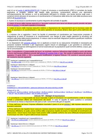TITOLO IV - CANTIERI TEMPORANEI O MOBILI D.Lgs. 09 aprile 2008 n. 81
CAPO I - MISURE PER LA SALUTE E SICUREZZA NEI CANTIERI TEMPORANEI O MOBILI Pagina 70 di 174
costi di cui al punto 4 dell’ALLEGATO XV. Il piano di sicurezza e coordinamento (PSC) é corredato da tavole
esplicative di progetto, relative agli aspetti della sicurezza, comprendenti almeno una planimetria
sull’organizzazione del cantiere e, ove la particolarità dell’opera lo richieda, una tavola tecnica sugli scavi. I
contenuti minimi del piano di sicurezza e di coordinamento e l’indicazione della stima dei costi della sicurezza sono
definiti all’ALLEGATO XV.
2. Il piano di sicurezza e coordinamento è parte integrante del contratto di appalto.
3. I datori di lavoro delle imprese esecutrici e i lavoratori autonomi sono tenuti ad attuare quanto previsto nel piano
di cui al comma 1 e nel piano operativo di sicurezza.
4. I datori di lavoro delle imprese esecutrici mettono a disposizione dei rappresentanti per la sicurezza copia del
piano di sicurezza e di coordinamento e del piano operativo di sicurezza almeno dieci giorni prima dell’inizio dei
lavori.
5. L’impresa che si aggiudica i lavori ha facoltà di presentare al coordinatore per l’esecuzione proposte di
integrazione al piano di sicurezza e di coordinamento, ove ritenga di poter meglio garantire la sicurezza nel
cantiere sulla base della propria esperienza. In nessun caso le eventuali integrazioni possono giustificare modifiche
o adeguamento dei prezzi pattuiti.
6. Le disposizioni del presente articolo non si applicano ai lavori la cui esecuzione immediata è necessaria per
prevenire incidenti imminenti o per organizzare urgenti misure di salvataggio o per garantire la continuità in
condizioni di emergenza nell'erogazione di servizi essenziali per la popolazione quali corrente elettrica, acqua, gas,
reti di comunicazione.
6-bis. Il committente o il responsabile dei lavori, se nominato, assicura l’attuazione degli obblighi a carico del datore
di lavoro dell’impresa affidataria previsti dall’articolo 97 comma 3-bis e 3-ter. Nel campo di applicazione del decreto
legislativo 12 aprile 2006, n. 163, e successive modificazioni, si applica l’articolo 118, comma 4, secondo periodo,
del medesimo decreto legislativo
SanzioniPenali
Sanzioni per i committenti o per i responsabili dei lavori
• Art. 100, co. 6-bis: arresto da due a quattro mesi o ammenda da 1.096,00 a 5.260,80 euro [Art. 157, co. 1, lett. b)]
Sanzioni per i datori di lavoro e i dirigenti
• Art. 100, co. 3: arresto fino a sei mesi o ammenda da 2.740,00 a 7.014,40 euro [Art. 159, co. 2, lett. a)]
Sanzioni per i lavoratori autonomi
• Art. 100, co. 3: arresto fino a tre mesi o ammenda da 438,40 a 1753,60 euro [Art. 160, co. 1, lett. a)]
Sanzioni
Amministrative
Sanzioni per i datori di lavoro e i dirigenti
• Art. 100, co. 4: sanzione amministrativa pecuniaria da 548,00 a 1.972.80 euro [Art. 159, co. 2, lett. d)]
INTERPELLI
INTERPELLO N. 3/2013 del 02/05/2013 - Applicazione dell’articolo 100 comma 6 del D.Lgs. 81/2008
Richiami all’Art. 100:
- Art. 90, co. 10 - Art. 91, co. 1, lett. a) - Art. 92, co. 1, lett. a) - Art. 92, co. 1, lett. b) - Art. 92, co. 1, lett. e) - Art. 96, co. 2 - Art. 102, co. 1 - Art. 104-bis, co.
1 - ALL. XI - ALL. XV, punto 1.1.1, lett. h) - ALL. XV, punto 1.1.1, lett. m)
Articolo 101 - Obblighi di trasmissione
1. Il committente o il responsabile dei lavori trasmette il piano di sicurezza e di coordinamento a tutte le imprese
invitate a presentare offerte per l’esecuzione dei lavori. In caso di appalto di opera pubblica si considera
trasmissione la messa a disposizione del piano a tutti i concorrenti alla gara di appalto.
2. Prima dell’inizio dei lavori l’impresa affidataria trasmette il piano di cui al comma 1 alle imprese esecutrici e ai
lavoratori autonomi.
3. Prima dell’inizio dei rispettivi lavori ciascuna impresa esecutrice trasmette il proprio piano operativo di sicurezza
all’impresa affidataria, la quale, previa verifica della congruenza rispetto al proprio, lo trasmette al coordinatore per
l’esecuzione. I lavori hanno inizio dopo l’esito positivo delle suddette verifiche che sono effettuate tempestivamente
e comunque non oltre 15 giorni dall’avvenuta ricezione.
Sanzioni
Amministrative
Sanzioni per i committenti o per i responsabili dei lavori
• Art. 101, co. 1, primo periodo: sanzione amministrativa pecuniaria da 548,00 a 1.972.80 euro [Art. 157, co. 1, lett. c)]
Sanzioni per i datori di lavoro e i dirigenti
• Art. 101, co. 2, 3: sanzione amministrativa pecuniaria da 548,00 a 1.972.80 euro [Art. 159, co. 2, lett. d)]
 