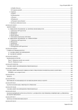 D.Lgs. 09 aprile 2008 n. 81
Pagina XX di XLI
e) Sedile di lavoro.................................................................................................................................................. 125
f) Computer portatili.............................................................................................................................................. 126
2. Ambiente............................................................................................................................................................... 126
a) Spazio ............................................................................................................................................................... 126
b) Illuminazione .................................................................................................................................................... 126
c) Rumore ............................................................................................................................................................. 126
d) Radiazioni......................................................................................................................................................... 126
e) Parametri microclimatici ................................................................................................................................... 126
3. Interfaccia elaboratore/uomo ................................................................................................................................. 126
ALLEGATO XXXV............................................................................................................................................................. 127
AGENTI FISICI ............................................................................................................................................................... 127
A. VIBRAZIONI TRASMESSE AL SISTEMA MANO-BRACCIO ............................................................................ 127
1. Valutazione dell’esposizione. ................................................................................................................................ 127
2. Misurazione........................................................................................................................................................... 127
3. Interferenze. .......................................................................................................................................................... 127
4. Rischi indiretti....................................................................................................................................................... 127
5. Attrezzature di protezione individuale. .................................................................................................................. 127
B. VIBRAZIONI TRASMESSE AL CORPO INTERO ................................................................................................ 127
1. Valutazione dell’esposizione. ................................................................................................................................ 127
2. Misurazione........................................................................................................................................................... 127
3. Interferenze. .......................................................................................................................................................... 127
4. Rischi indiretti....................................................................................................................................................... 128
5. Prolungamento dell’esposizione. ........................................................................................................................... 128
ALLEGATO XXXVI ........................................................................................................................................................... 129
CAMPI ELETTROMAGNETICI...................................................................................................................................... 129
A. VALORI LIMITE DI ESPOSIZIONE...................................................................................................................... 129
B. VALORI DI AZIONE .............................................................................................................................................. 131
ALLEGATO XXXVII.......................................................................................................................................................... 132
RADIAZIONI OTTICHE ................................................................................................................................................. 132
Parte I - Radiazioni ottiche non coerenti........................................................................................................................ 132
Parte II - Radiazioni Laser............................................................................................................................................. 139
ALLEGATO XXXVIII......................................................................................................................................................... 146
VALORI LIMITE DI ESPOSIZIONE PROFESSIONALE ............................................................................................... 146
ALLEGATO XXXIX ........................................................................................................................................................... 148
VALORI LIMITE BIOLOGICI OBBLIGATORI E PROCEDURE DI SORVEGLIANZA SANITARIA......................... 148
PIOMBO e suoi composti ionici.................................................................................................................................... 148
ALLEGATO XL................................................................................................................................................................... 149
DIVIETI ........................................................................................................................................................................... 149
ALLEGATO XLI ................................................................................................................................................................. 150
METODICHE STANDARDIZZATE DI MISURAZIONE DEGLI AGENTI ................................................................... 150
ALLEGATO XLII................................................................................................................................................................ 151
ELENCO DI SOSTANZE, PREPARATI E PROCESSI ................................................................................................... 151
ALLEGATO XLIII............................................................................................................................................................... 152
VALORI LIMITE DI ESPOSIZIONE PROFESSIONALE ............................................................................................... 152
ALLEGATO XLIV .............................................................................................................................................................. 153
ELENCO ESEMPLIFICATIVO DI ATTIVITA’ LAVORATIVE CHE POSSONO COMPORTARE LA PRESENZA
DI AGENTI BIOLOGICI ................................................................................................................................................. 153
ALLEGATO XLV................................................................................................................................................................ 154
SEGNALE DI RISCHIO BIOLOGICO ............................................................................................................................ 154
ALLEGATO XLVI .............................................................................................................................................................. 155
 