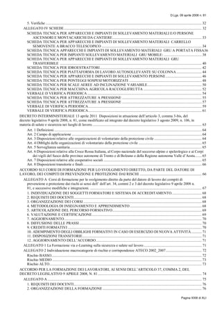 D.Lgs. 09 aprile 2008 n. 81
Pagina XXIII di XLI
5. Verifiche ................................................................................................................................................................. 32
ALLEGATO IV SCHEDE.............................................................................................................................................. 32
SCHEDA TECNICA PER APPARECCHI E IMPIANTI DI SOLLEVAMENTO MATERIALI E/O PERSONE
ASCENSORI E MONTACARICHI DA CANTIERE............................................................................................ 33
SCHEDA TECNICA PER APPARECCHI E IMPIANTI DI SOLLEVAMENTO MATERIALI CARRELLO
SEMOVENTE A BRACCO TELESCOPICO ....................................................................................................... 34
SCHEDA TECNICA APPARECCHI E IMPIANTI DI SOLLEVAMENTO MATERIALI GRU A PORTATA FISSA36
SCHEDA TECNICA PER IMPIANTI SOLLEVAMENTO MATERIALI GRU MOBILE: ....................................... 38
SCHEDA TECNICA PER APPARECCHI E IMPIANTI DI SOLLEVAMENTO MATERIALI GRU
TRASFERIBILE.
.................................................................................................................................................. 40
SCHEDA TECNICA PER IDROESTRATTORI......................................................................................................... 42
SCHEDA TECNICA PER PIATTAFORMA DI LAVORO AUTOSOLLEVANTE SU COLONNA .......................... 44
SCHEDA TECNICA PER APPARECCHI E IMPIANTI DI SOLLEVAMENTO PERSONE..................................... 46
SCHEDA TECNICA PER PONTEGGI SOSPESI MOTORIZZATI ........................................................................... 48
SCHEDA TECNICA PER SCALE AEREE AD INCLINAZIONE VARIABILE........................................................ 50
SCHEDA TECNICA PER MACCHINA AGRICOLA RACCOGLIFRUTTA ............................................................ 52
VERBALE D VERIFICA PERIODICA...................................................................................................................... 54
SCHEDA TECNICA PER ATTREZZATURE A PRESSIONE .................................................................................. 55
SCHEDA TECNICA PER ATTREZZATURE A PRESSIONE .................................................................................. 57
VERBALE DI VERIFICA PERIODICA..................................................................................................................... 59
VERBALE DI VERIFICA PERIODICA..................................................................................................................... 61
DECRETO INTERMINISTERIALE 13 aprile 2011 Disposizioni in attuazione dell’articolo 3, comma 3-bis, del
decreto legislativo 9 aprile 2008, n. 81, come modificato ed integrato dal decreto legislativo 3 agosto 2009, n. 106, in
materia di salute e sicurezza nei luoghi di lavoro................................................................................................................. 63
Art. 1 Definizioni ........................................................................................................................................................ 64
Art. 2 Campo di applicazione ...................................................................................................................................... 64
Art. 3 Disposizioni relative alle organizzazioni di volontariato della protezione civile ................................................. 64
Art. 4 Obblighi delle organizzazioni di volontariato della protezione civile ................................................................. 65
Art. 5 Sorveglianza sanitaria........................................................................................................................................ 65
Art. 6 Disposizioni relative alla Croce Rossa Italiana, al Corpo nazionale del soccorso alpino e speleologico e ai Corpi
dei vigili del fuoco delle province autonome di Trento e di Bolzano e della Regione autonoma Valle d’Aosta....... 65
Art. 7 Disposizioni relative alle cooperative sociali ..................................................................................................... 65
Art. 8 Disposizioni transitorie e finali.......................................................................................................................... 66
ACCORDO SUI CORSI DI FORMAZIONE PER LO SVOLGIMENTO DIRETTO, DA PARTE DEL DATORE DI
LAVORO, DEI COMPITI DI PREVENZIONE E PROTEZIONE DAI RISCHI ................................................................ 66
ALLEGATO A Corsi di formazione per lo svolgimento diretto da parte del datore di lavoro dei compiti di
prevenzione e protezione dai rischi ai sensi dell’ dell’art. 34, commi 2 e 3 del decreto legislativo 9 aprile 2008 n.
81, e successive modifiche e integrazioni. ................................................................................................................... 67
1. INDIVIDUAZIONE DEI SOGGETTI FORMATORI E SISTEMA DI ACCREDITAMENTO............................... 68
2. REQUISITI DEI DOCENTI.................................................................................................................................... 68
3. ORGANIZZAZIONE DEI CORSI .......................................................................................................................... 68
4. METODOLOGIA DI INSEGNAMENTO E APPRENDIMENTO.......................................................................... 68
5. ARTICOLAZIONE DEL PERCORSO FORMATIVO............................................................................................ 69
6. VALUTAZIONE E CERTIFICAZIONE................................................................................................................. 69
7. AGGIORNAMENTO.............................................................................................................................................. 70
8. DIFFUSIONE DELLE PRASSI .............................................................................................................................. 70
9. CREDITI FORMATIVI .......................................................................................................................................... 70
10. ADEMPIMENTO DEGLI OBBLIGHI FORMATIVI IN CASO DI ESERCIZIO DI NUOVA ATTIVITÀ........... 71
11. DISPOSIZIONI TRANSITORIE........................................................................................................................... 71
12. AGGIORNAMENTO DELL’ACCORDO............................................................................................................. 71
ALLEGATO 1 La Formazione via e-Learning sulla sicurezza e salute sul lavoro............................................................ 71
ALLEGATO 2 Individuazione macrocategorie di rischio e corrispondenze ATECO 2002_2007..................................... 72
Rischio BASSO........................................................................................................................................................... 72
Rischio MEDIO .......................................................................................................................................................... 73
Rischio ALTO............................................................................................................................................................. 73
ACCORDO PER LA FORMAZIONE DEI LAVORATORI, AI SENSI DELL’ARTICOLO 37, COMMA 2, DEL
DECRETO LEGISLATIVO 9 APRILE 2008, N. 81 ........................................................................................................... 74
ALLEGATO A ............................................................................................................................................................... 75
1. REQUISITI DEI DOCENTI.................................................................................................................................... 76
2. ORGANIZZAZIONE DELLA FORMAZIONE ...................................................................................................... 76
 