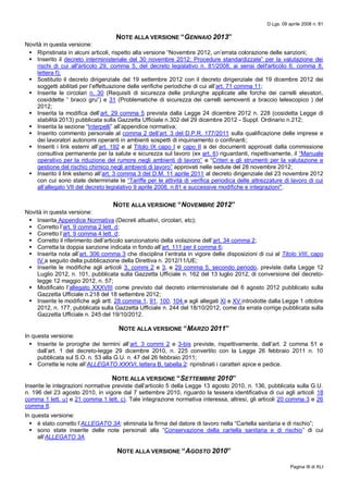 D.Lgs. 09 aprile 2008 n. 81
Pagina III di XLI
NOTE ALLA VERSIONE “GENNAIO 2013”
Novità in questa versione:
 Ripristinata in alcuni articoli, rispetto alla versione “Novembre 2012, un’errata colorazione delle sanzioni;
 Inserito il decreto interministeriale del 30 novembre 2012: Procedure standardizzate” per la valutazione dei
rischi di cui all'articolo 29, comma 5, del decreto legislativo n. 81/2008, ai sensi dell'articolo 6, comma 8,
lettera f);
 Sostituito il decreto dirigenziale del 19 settembre 2012 con il decreto dirigenziale del 19 dicembre 2012 dei
soggetti abilitati per l’effettuazione delle verifiche periodiche di cui all’art. 71 comma 11;
 Inserite le circolari n. 30 (Requisiti di sicurezza delle prolunghe applicate alle forche dei carrelli elevatori,
cosiddette “ bracci gru”) e 31 (Problematiche di sicurezza dei carrelli semoventi a braccio telescopico ) del
2012;
 Inserita la modifica dell’art. 29 comma 5 prevista dalla Legge 24 dicembre 2012 n. 228 (cosidetta Legge di
stabilità 2013) pubblicata sulla Gazzetta Ufficiale n.302 del 29 dicembre 2012 - Suppl. Ordinario n.212;
 Inserita la sezione “Interpelli” all’appendice normativa;
 Inserito commento personale al comma 2 dell’art. 3 del D.P.R. 177/2011 sulla qualificazione delle imprese e
dei lavoratori autonomi operanti in ambienti sospetti di inquinamento o confinanti;
 Inseriti i link esterni all’art. 192 e al Titolo IX capo I e capo II a dei documenti approvati dalla commissione
consultiva permanente per la salute e sicurezza sul lavoro (ex art. 6) riguardanti, rispettivamente, il “Manuale
operativo per la riduzione del rumore negli ambienti di lavoro” e “Criteri e gli strumenti per la valutazione e
gestione del rischio chimico negli ambienti di lavoro” approvati nelle sedute del 28 novembre 2012;
 Inserito il link esterno all’art. 3 comma 3 del D.M. 11 aprile 2011 al decreto dirigenziale del 23 novembre 2012
con cui sono state determinate le “Tariffe per le attività di verifica periodica delle attrezzature di lavoro di cui
all’allegato VII del decreto legislativo 9 aprile 2008, n.81 e successive modifiche e integrazioni".
NOTE ALLA VERSIONE “NOVEMBRE 2012”
Novità in questa versione:
 Inserita Appendice Normativa (Decreti attuativi, circolari, etc);
 Corretto l’art. 9 comma 2 lett. d;
 Corretto l’art. 9 comma 4 lett. d;
 Corretto il riferimento dell’articolo sanzionatorio della violazione dell’art. 34 comma 2;
 Corretta la doppia sanzione indicata in fondo all’art. 111 per il comma 6;
 Inserita nota all’art. 306 comma 3 che disciplina l’entrata in vigore delle disposizioni di cui al Titolo VIII, capo
IV a seguito della pubblicazione della Direttiva n. 2012/11/UE;
 Inserite le modifiche agli articoli 3, commi 2 e 3, e 29 comma 5, secondo periodo, previste dalla Legge 12
Luglio 2012, n. 101, pubblicata sulla Gazzetta Ufficiale n. 162 del 13 luglio 2012, di conversione del decreto-
legge 12 maggio 2012, n. 57;
 Modificato l’allegato XXXVIII come previsto dal decreto interministeriale del 6 agosto 2012 pubblicato sulla
Gazzetta Ufficiale n.218 del 18 settembre 2012;
 Inserite le modifiche agli artt. 28 comma 1, 91, 100, 104 e agli allegati XI e XV introdotte dalla Legge 1 ottobre
2012, n. 177, pubblicata sulla Gazzetta Ufficiale n. 244 del 18/10/2012, come da errata corrige pubblicata sulla
Gazzetta Ufficiale n. 245 del 19/10/2012.
NOTE ALLA VERSIONE “MARZO 2011”
In questa versione:
 Inserite le proroghe dei termini all’art. 3 commi 2 e 3-bis previste, rispettivamente, dall’art. 2 comma 51 e
dall’art. 1 del decreto-legge 29 dicembre 2010, n. 225 convertito con la Legge 26 febbraio 2011 n. 10
pubblicata sul S.O. n. 53 alla G.U. n. 47 del 26 febbraio 2011;
 Corrette le note all’ALLEGATO XXXVI, lettera B, tabella 2: ripristinati i caratteri apice e pedice.
NOTE ALLA VERSIONE “SETTEMBRE 2010”
Inserite le integrazioni normative previste dall’articolo 5 della Legge 13 agosto 2010, n. 136, pubblicata sulla G.U.
n. 196 del 23 agosto 2010, in vigore dal 7 settembre 2010, riguardo la tessera identificativa di cui agli articoli 18
comma 1 lett. u) e 21 comma 1 lett. c). Tale integrazione normativa interessa, altresì, gli articoli 20 comma 3 e 26
comma 8.
In questa versione:
 è stato corretto l’ALLEGATO 3A: eliminata la firma del datore di lavoro nella “Cartella sanitaria e di rischio”;
 sono state inserite delle note personali alla “Conservazione della cartella sanitaria e di rischio” di cui
all’ALLEGATO 3A.
NOTE ALLA VERSIONE “AGOSTO 2010”
 
