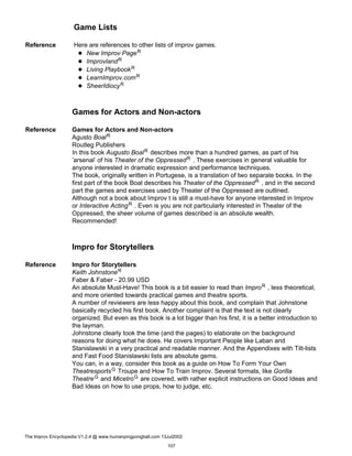 Game Lists
Reference Here are references to other lists of improv games.
New Improv PageR
ImprovlandR
Living PlaybookR
LearnImprov.comR
SheerIdiocyR
Games for Actors and Non-actors
Reference Games for Actors and Non-actors
Agusto BoalR
Routleg Publishers
In this book Augusto BoalR describes more than a hundred games, as part of his
’arsenal’ of his Theater of the OppressedR . These exercises in general valuable for
anyone interested in dramatic expression and performance techniques.
The book, originally written in Portugese, is a translation of two separate books. In the
first part of the book Boal describes his Theater of the OppressedR , and in the second
part the games and exercises used by Theater of the Oppressed are outlined.
Although not a book about Improv t is still a must-have for anyone interested in Improv
or Interactive ActingR . Even is you are not particularly interested in Theater of the
Oppressed, the sheer volume of games described is an absolute wealth.
Recommended!
Impro for Storytellers
Reference Impro for Storytellers
Keith JohnstoneR
Faber & Faber - 20.99 USD
An absolute Must-Have! This book is a bit easier to read than ImproR , less theoretical,
and more oriented towards practical games and theatre sports.
A number of reviewers are less happy about this book, and complain that Johnstone
basically recycled his first book. Another complaint is that the text is not clearly
organized. But even as this book is a lot bigger than his first, it is a better introduction to
the layman.
Johnstone clearly took the time (and the pages) to elaborate on the background
reasons for doing what he does. He covers Important People like Laban and
Stanislawski in a very practical and readable manner. And the Appendixes with Tilt-lists
and Fast Food Stanislawski lists are absolute gems.
You can, in a way, consider this book as a guide on How To Form Your Own
TheatresportsG Troupe and How To Train Improv. Several formats, like Gorilla
TheatreG and MicetroG are covered, with rather explicit instructions on Good Ideas and
Bad Ideas on how to use props, how to judge, etc.
The Improv Encyclopedia V1.2.4 @ www.humanpingpongball.com 13Jul2002
107
 