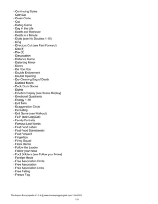 - Continuing Styles
- CopyCat
- Cross Circle
- Cut
- Dating Game
- Day in the Life
- Death and Retriever
- Death in a Minute
- Digits (see No Doubles 1-10)
- Ding
- Directors Cut (see Fast Forward)
- Disc(1)
- Disc(2)
- Dissociation
- Distance Game
- Distorting Mirror
- Doors
- Do Ron Ron
- Double Endowment
- Double Opening
- Dry Cleaning Bag of Death
- Dubbed Movie
- Duck Duck Goose
- Eights
- Emotion Replay (see Scene Replay)
- Emotional Quadrants
- Energy 1-10
- Evil Twin
- Exaggeration Circle
- Excluding
- Exit Game (see Walkout)
- FLIP (see CopyCat)
- Family Portraits
- Famous Last Words
- Fast Food Laban
- Fast Food Stanislawski
- Fast Forward
- Fingertips
- Firing Squad
- Flock Dance
- Follow the Leader
- Follow your Nose
- Foot Soldiers (see Follow your Nose)
- Foreign Movie
- Free Association Circle
- Free Association
- Free Association Lines
- Free Falling
- Freeze Tag
The Improv Encyclopedia V1.2.4 @ www.humanpingpongball.com 13Jul2002
115
 