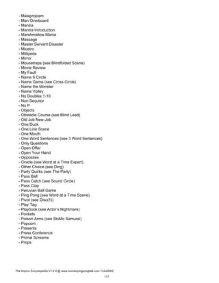 - Malapropism
- Man Overboard
- Mantra
- Mantra Introduction
- Marshmallow Mania
- Massage
- Master Servant Disaster
- Micetro
- Millipede
- Mirror
- Mousetraps (see Blindfolded Scene)
- Movie Review
- My Fault
- Name 6 Circle
- Name Game (see Cross Circle)
- Name the Monster
- Name Volley
- No Doubles 1-10
- Non Sequitor
- No P
- Objects
- Obstacle Course (see Blind Lead)
- Old Job New Job
- One Duck
- One Line Scene
- One Mouth
- One Word Sentences (see 3 Word Sentences)
- Only Questions
- Open Offer
- Open Your Hand
- Opposites
- Oracle (see Word at a Time Expert)
- Other Choice (see Ding)
- Party Quirks (see The Party)
- Pass Ball
- Pass Catch (see Sound Circle)
- Pass Clap
- Peruvian Ball Game
- Ping Pong (see Word at a Time Scene)
- Pivot (see Disc(1))
- Play Tag
- Playbook (see Actor’s Nightmare)
- Pockets
- Poison Arms (see SloMo Samurai)
- Popcorn
- Presents
- Press Conference
- Primal Screams
- Props
The Improv Encyclopedia V1.2.4 @ www.humanpingpongball.com 13Jul2002
117
 