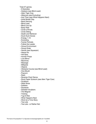 Total 47 games.
- 6 Episodes
- Airplane (see Blind Lead)
- Alien Tiger Cow
- Alliances (see Excluding)
- And Then (see What Happens Next)
- Artist Model Clay
- Back Dancing
- Blind Lead
- Blind Line Up
- Body Hide
- Circle of Knots
- Circle Sitting
- Death and Retriever
- Duck Duck Goose
- Energy 1-10
- Excluding
- Family Portraits
- Follow the Leader
- Group Environment
- Group Order
- Hands (see Squeezer)
- Heave Ho
- Hot Spot
- Human Props
- Line Mirror
- Machines
- Massage
- Millipede
- Objects
- Obstacle Course (see Blind Lead)
- One Mouth
- Popcorn
- Rash
- Reverse Chair Dance
- Rock Paper Scissors (see Alien Tiger Cow)
- Sculptors
- Slide Show
- Solitaire
- Squeezer
- Swedish Sculptors
- The Magnet
- Tossing
- Tug-O-War
- What Happens Next
- Word at a Time Story
- Yes Lets
- Yes Lets - or Rather Not
The Improv Encyclopedia V1.2.4 @ www.humanpingpongball.com 13Jul2002
12
 