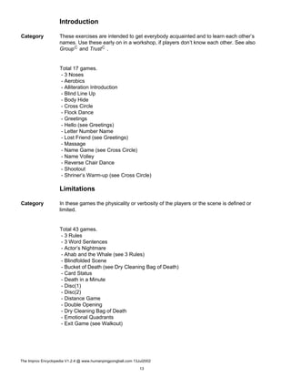 Introduction
Category These exercises are intended to get everybody acquainted and to learn each other’s
names. Use these early on in a workshop, if players don’t know each other. See also
GroupC and TrustC .
Total 17 games.
- 3 Noses
- Aerobics
- Alliteration Introduction
- Blind Line Up
- Body Hide
- Cross Circle
- Flock Dance
- Greetings
- Hello (see Greetings)
- Letter Number Name
- Lost Friend (see Greetings)
- Massage
- Name Game (see Cross Circle)
- Name Volley
- Reverse Chair Dance
- Shootout
- Shriner’s Warm-up (see Cross Circle)
Limitations
Category In these games the physicality or verbosity of the players or the scene is defined or
limited.
Total 43 games.
- 3 Rules
- 3 Word Sentences
- Actor’s Nightmare
- Ahab and the Whale (see 3 Rules)
- Blindfolded Scene
- Bucket of Death (see Dry Cleaning Bag of Death)
- Card Status
- Death in a Minute
- Disc(1)
- Disc(2)
- Distance Game
- Double Opening
- Dry Cleaning Bag of Death
- Emotional Quadrants
- Exit Game (see Walkout)
The Improv Encyclopedia V1.2.4 @ www.humanpingpongball.com 13Jul2002
13
 
