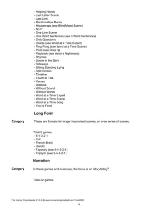 - Helping Hands
- Last Letter Scene
- Last Line
- Marshmallow Mania
- Mousetraps (see Blindfolded Scene)
- No P
- One Line Scene
- One Word Sentences (see 3 Word Sentences)
- Only Questions
- Oracle (see Word at a Time Expert)
- Ping Pong (see Word at a Time Scene)
- Pivot (see Disc(1))
- Playbook (see Actor’s Nightmare)
- Rhymes
- Scene in the Dark
- Sideways
- Sitting Standing Lying
- Split Screen
- Timeline
- Touch to Talk
- Verses
- Walkout
- Without Sound
- Without Words
- Word at a Time Expert
- Word at a Time Scene
- Word at a Time Song
- You’re Fired
Long Form
Category These are formats for longer improvised scenes, or even series of scenes.
Total 6 games.
- 5-4-3-2-1
- Cut
- French Braid
- Harold
- Tapestry (see 5-4-3-2-1)
- Triptych (see 5-4-3-2-1)
Narration
Category In these games and exercises, the focus is on StorytellingK .
Total 22 games.
The Improv Encyclopedia V1.2.4 @ www.humanpingpongball.com 13Jul2002
14
 