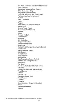 - One Word Sentences (see 3 Word Sentences)
- Only Questions
- Oracle (see Word at a Time Expert)
- Other Choice (see Ding)
- Party Quirks (see The Party)
- Ping Pong (see Word at a Time Scene)
- Playbook (see Actor’s Nightmare)
- Pockets
- Press Conference
- Props
- Puppets
- Rebel without a Clue (see Hijacker)
- Repair Shop
- Reverse Trivial Pursuit
- Rewind (see Fast Forward)
- Rhymes
- Rituals
- Scene in the Dark
- Scene Replay
- Sideways
- Silly Stinky Sexy
- Simple Continuation
- Sitting Standing Lying
- Slide Show
- SloMo World Champion (see Sportz Center)
- Space Jump
- Speck (see Little Voice)
- Split Screen
- Sportz Center
- Story Story Die
- Stunt Double
- Style Replay (see Scene Replay)
- Subtitles (see Foreign Movie)
- Switcheroo
- The Gerbil
- The Good, the Bad and the Ugly Advice
- The Party
- Through the Ages (see Scene Replay)
- Timed Scenes
- Timeline
- Touch to Talk
- Translation for the Deaf
- Trivial Pursuit
- TV News
- Typewriter
- Understudy (see Simple Continuation)
- Verses
- Voices From Heaven
- Walkout
The Improv Encyclopedia V1.2.4 @ www.humanpingpongball.com 13Jul2002
17
 
