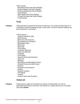Total 7 games.
- Backwards Scene (see Scene Replay)
- Emotion Replay (see Scene Replay)
- Historical Replay (see Scene Replay)
- Scene Replay
- Style Replay (see Scene Replay)
- Through the Ages (see Scene Replay)
- Timed Scenes
Trust
Category These exercises are great for the group to build trust. You would use these early on in
a workshop to teach the players to rely on each other. It’s part of the team building; see
also IntroductionC and GroupC .
Total 24 games.
- Airplane (see Blind Lead)
- Back Dancing
- Blind Hunt (see Scorpion)
- Blind Stalker (see Scorpion)
- Blindfolded Scene
- Blind Lead
- Body Hide
- Circle Sitting
- Columbian Hypnosis
- Death and Retriever
- Fingertips
- Free Falling
- Haunted House (see Scorpion)
- Heave Ho
- Massage
- Mousetraps (see Blindfolded Scene)
- Obstacle Course (see Blind Lead)
- Scorpion
- Screamers (see Scorpion)
- Solitaire
- Swedish Sculptors
- The Magnet
- Tossing
- Vampire Game (see Scorpion)
Verbal wit
Category These games usually do not develop into scenes, and quite often turn into (or
deteriorate into) series of one-liners. Can still be fun, if played well, but it’s not exactly
improvised theater .
The Improv Encyclopedia V1.2.4 @ www.humanpingpongball.com 13Jul2002
19
 
