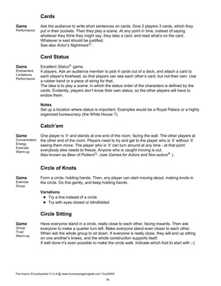 Cards
Game
Performance
Ask the audience to write short sentences on cards. Give 2 players 3 cards, which they
put in their pockets. Then they play a scene. At any point in time, instead of saying
whatever they think they might say, they take a card, and read what’s on the card.
Whatever is said should be justified.
See also Actor’s NightmareG .
Card Status
Game
Endowment
Limitations
Performance
Excellent StatusK game.
4 players. Ask an audience member to pick 4 cards out of a deck, and attach a card to
each player’s forehead, so that players can see each other’s card, but not their own. Use
a rubber band or a piece of string for that.
The idea is to play a scene, in which the status order of the characters is defined by the
cards. Evidently, players don’t know their own status, so the other players will have to
endow them.
Notes
Set up a location where status is important. Examples would be a Royal Palace or a highly
organized bureaucracy (the White House ?).
Catch’em
Game
Concentration
Energy
Exercise
Warm-up
One player is ’it’ and stands at one end of the room, facing the wall. The other players at
the other end of the room. Players need to try and get to the player who is ’it’ without ’it’
seeing them move. The player who is ’it’ can turn around at any time - at that point
everybody else needs to freeze. Anyone who is caught moving is out.
Also known as Bear of PoitiersG. (see Games for Actors and Non-actorsR )
Circle of Knots
Game
Exercise
Group
Form a circle, holding hands. Then, any player can start moving about, making knots in
the circle. Do this gently, and keep holding hands.
Variations
Try a line instead of a circle
Try with eyes closed or blindfolded
Circle Sitting
Game
Group
Trust
Warm-up
Have everyone stand in a circle, really close to each other, facing inwards. Then ask
everyone to make a quarter turn left. Make everyone stand even closer to each other.
When ask the whole group to sit down. If everyone is really close, they will end up sitting
on one another’s knees, and the whole construction supports itself.
If well done it’s even possible to make the circle walk. Indicate which foot to start with ;-)
The Improv Encyclopedia V1.2.4 @ www.humanpingpongball.com 13Jul2002
34
 