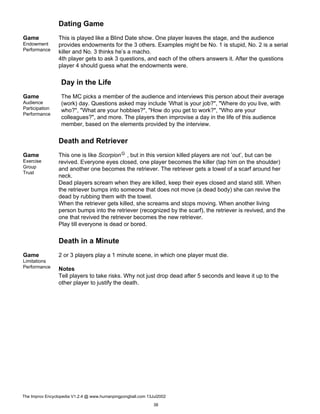 Dating Game
Game
Endowment
Performance
This is played like a Blind Date show. One player leaves the stage, and the audience
provides endowments for the 3 others. Examples might be No. 1 is stupid, No. 2 is a serial
killer and No. 3 thinks he’s a macho.
4th player gets to ask 3 questions, and each of the others answers it. After the questions
player 4 should guess what the endowments were.
Day in the Life
Game
Audience
Participation
Performance
The MC picks a member of the audience and interviews this person about their average
(work) day. Questions asked may include ’What is your job?", "Where do you live, with
who?", "What are your hobbies?", "How do you get to work?", "Who are your
colleagues?", and more. The players then improvise a day in the life of this audience
member, based on the elements provided by the interview.
Death and Retriever
Game
Exercise
Group
Trust
This one is like ScorpionG , but in this version killed players are not ’out’, but can be
revived. Everyone eyes closed, one player becomes the killer (tap him on the shoulder)
and another one becomes the retriever. The retriever gets a towel of a scarf around her
neck.
Dead players scream when they are killed, keep their eyes closed and stand still. When
the retriever bumps into someone that does not move (a dead body) she can revive the
dead by rubbing them with the towel.
When the retriever gets killed, she screams and stops moving. When another living
person bumps into the retriever (recognized by the scarf), the retriever is revived, and the
one that revived the retriever becomes the new retriever.
Play till everyone is dead or bored.
Death in a Minute
Game
Limitations
Performance
2 or 3 players play a 1 minute scene, in which one player must die.
Notes
Tell players to take risks. Why not just drop dead after 5 seconds and leave it up to the
other player to justify the death.
The Improv Encyclopedia V1.2.4 @ www.humanpingpongball.com 13Jul2002
38
 