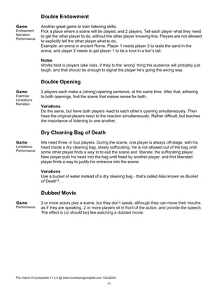 Double Endowment
Game
Endowment
Narration
Performance
Another great game to train listening skills.
Pick a place where a scene will be played, and 2 players. Tell each player what they need
to get the other player to do, without the other player knowing this. Players are not allowed
to explicitly tell the other player what to do.
Example: an arena in ancient Rome. Player 1 needs player 2 to taste the sand in the
arena, and player 2 needs to get player 1 to tie a knot in a lion’s tail.
Notes
Works best is players take risks. If they to the ’wrong’ thing the audience will probably just
laugh, and that should be enough to signal the player he’s going the wrong way.
Double Opening
Game
Exercise
Limitations
Narration
2 players each make a (strong) opening sentence, at the same time. After that, adhering
to both openings, find the scene that makes sense for both.
Variations
Do the same, but have both players react to each other’s opening simultaneously. Then
have the original players react to the reaction simultaneously. Rather difficult, but teaches
the importance of listening to one another.
Dry Cleaning Bag of Death
Game
Limitations
Performance
We need three or four players. During the scene, one player is always off-stage, with his
head inside a dry cleaning bag, slowly suffocating. He is not allowed out of the bag until
some other player finds a way to to exit the scene and ’liberate’ the suffocating player.
New player puts his head into the bag until freed by another player, and first liberated
player finds a way to justify his entrance into the scene.
Variations
Use a bucket of water instead of a dry cleaning bag - that’s called Also known as Bucket
of DeathG. .
Dubbed Movie
Game
Performance
2 or more actors play a scene, but they don’t speak, although they can move their mouths
as if they are speaking. 2 or more players sit in front of the action, and provide the speech.
The effect is (or should be) like watching a dubbed movie.
The Improv Encyclopedia V1.2.4 @ www.humanpingpongball.com 13Jul2002
41
 