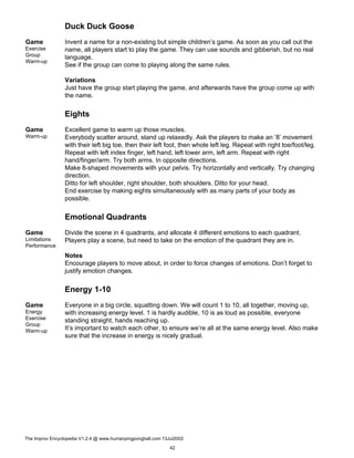 Duck Duck Goose
Game
Exercise
Group
Warm-up
Invent a name for a non-existing but simple children’s game. As soon as you call out the
name, all players start to play the game. They can use sounds and gibberish, but no real
language.
See if the group can come to playing along the same rules.
Variations
Just have the group start playing the game, and afterwards have the group come up with
the name.
Eights
Game
Warm-up
Excellent game to warm up those muscles.
Everybody scatter around, stand up relaxedly. Ask the players to make an ’8’ movement
with their left big toe, then their left foot, then whole left leg. Repeat with right toe/foot/leg.
Repeat with left index finger, left hand, left lower arm, left arm. Repeat with right
hand/finger/arm. Try both arms. In opposite directions.
Make 8-shaped movements with your pelvis. Try horizontally and vertically. Try changing
direction.
Ditto for left shoulder, right shoulder, both shoulders. Ditto for your head.
End exercise by making eights simultaneously with as many parts of your body as
possible.
Emotional Quadrants
Game
Limitations
Performance
Divide the scene in 4 quadrants, and allocate 4 different emotions to each quadrant.
Players play a scene, but need to take on the emotion of the quadrant they are in.
Notes
Encourage players to move about, in order to force changes of emotions. Don’t forget to
justify emotion changes.
Energy 1-10
Game
Energy
Exercise
Group
Warm-up
Everyone in a big circle, squatting down. We will count 1 to 10, all together, moving up,
with increasing energy level. 1 is hardly audible, 10 is as loud as possible, everyone
standing straight, hands reaching up.
It’s important to watch each other, to ensure we’re all at the same energy level. Also make
sure that the increase in energy is nicely gradual.
The Improv Encyclopedia V1.2.4 @ www.humanpingpongball.com 13Jul2002
42
 