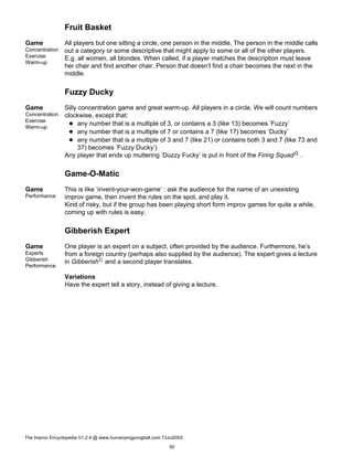 Fruit Basket
Game
Concentration
Exercise
Warm-up
All players but one sitting a circle, one person in the middle. The person in the middle calls
out a category or some descriptive that might apply to some or all of the other players.
E.g. all women, all blondes. When called, if a player matches the description must leave
her chair and find another chair. Person that doesn’t find a chair becomes the next in the
middle.
Fuzzy Ducky
Game
Concentration
Exercise
Warm-up
Silly concentration game and great warm-up. All players in a circle. We will count numbers
clockwise, except that:
any number that is a multiple of 3, or contains a 3 (like 13) becomes ’Fuzzy’
any number that is a multiple of 7 or contains a 7 (like 17) becomes ’Ducky’
any number that is a multiple of 3 and 7 (like 21) or contains both 3 and 7 (like 73 and
37) becomes ’Fuzzy Ducky’)
Any player that ends up muttering ’Duzzy Fucky’ is put in front of the Firing SquadG .
Game-O-Matic
Game
Performance
This is like ’invent-your-won-game’ : ask the audience for the name of an unexisting
improv game, then invent the rules on the spot, and play it.
Kind of risky, but if the group has been playing short form improv games for quite a while,
coming up with rules is easy.
Gibberish Expert
Game
Experts
Gibberish
Performance
One player is an expert on a subject, often provided by the audience. Furthermore, he’s
from a foreign country (perhaps also supplied by the audience). The expert gives a lecture
in GibberishC and a second player translates.
Variations
Have the expert tell a story, instead of giving a lecture.
The Improv Encyclopedia V1.2.4 @ www.humanpingpongball.com 13Jul2002
50
 
