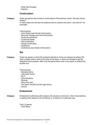 - What Has Changed
- Zapping
Continuation
Category These are games that consist of continuations of the previous scene. See also Scene
ReplayC .
In many cases one will ask the audience how to continue the scene - see Ask-forK for
examples.
Total 8 games.
- Actor Switch (see Simple Continuation)
- Bermuda Triangle (see Hat Continuation)
- Continuing Emotions
- Continuing Styles
- Hat Continuation
- Simple Continuation
- Switcheroo
- Understudy (see Simple Continuation)
Die
Category These are games in which the audience decides to ’throw out’ players by yelling ’Die’
when a player doesn’t stick to the rules of the game, or does not manage to get the
task/game done properly. After a die the game either ends or the player is replaced by
another one.
Total 8 games.
- Alphabet Game
- Last Letter Scene
- No P
- Only Questions
- Rhymes
- Story Story Die
- The Good, the Bad and the Ugly Advice
- Zulu(2)
Endowment
Category Endowment is attributing other players with physical, emotional or other characteristics,
or getting other players to do something, or to behave in a particular way.
Total 15 games.
- Card Status
The Improv Encyclopedia V1.2.4 @ www.humanpingpongball.com 13Jul2002
5
 