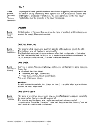 No P
Game
Audience
Participation
Die
Limitations
Performance
Players play a scene (perhaps based on an audience suggestion) but they cannot use
the letter ’P’ (or any other letter). When a player uses a ’P’, the audience screams ’Die’
and the player is replaced by another on. The scene continues, and the new player
needs to take over the character of the player he replaces.
Objects
Game
Exercise
Group
Warm-up
Divide the class in 2 groups. Give one group the name of an object, and they become, as
a group, the object. Other group guesses.
Old Job New Job
Game
Characters
Performance
Play a scene with 2 players, and give them a job (or let the audience provide the job).
Then tell them what job they had in a previous life.
The idea is that somehow in the scene players reflect their previous jobs in their actual
life. The idea is not to ’play’ the old job, but to show character traits of someone with the
old job while performing the new job (are we making sense here?)
One Duck
Game
Concentration
Warm-up
Everyone in a circle. We are going to say a pattern, one word per player, going clockwise.
It goes like:
One Duck, two Legs, Quack
Two Ducks, four legs, Quack Quack
Three Ducks, six legs, Quack Quack Quack
And so on, till someone misses.
Variations
Try with an insect instead of a duck (6 legs per insect), or a spider (eight legs) and invent
a sound the insect might make.
One Line Scene
Game
Exercise
Limitations
Play a one or two minute scene, where only one line of dialog can be spoken. Indicate to
the players when they have, say, 20 seconds left.
This exercise teaches players what can be communicated using non-verbal
communication. Things like, ’thank you’, ’I love you’, ’I appreciate this’, ’I’m sorry" and so
forth can all be communicated non-verbally.
The Improv Encyclopedia V1.2.4 @ www.humanpingpongball.com 13Jul2002
70
 