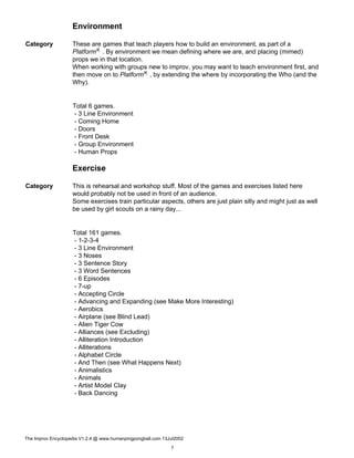 Environment
Category These are games that teach players how to build an environment, as part of a
PlatformK . By environment we mean defining where we are, and placing (mimed)
props we in that location.
When working with groups new to improv, you may want to teach environment first, and
then move on to PlatformK , by extending the where by incorporating the Who (and the
Why).
Total 6 games.
- 3 Line Environment
- Coming Home
- Doors
- Front Desk
- Group Environment
- Human Props
Exercise
Category This is rehearsal and workshop stuff. Most of the games and exercises listed here
would probably not be used in front of an audience.
Some exercises train particular aspects, others are just plain silly and might just as well
be used by girl scouts on a rainy day...
Total 161 games.
- 1-2-3-4
- 3 Line Environment
- 3 Noses
- 3 Sentence Story
- 3 Word Sentences
- 6 Episodes
- 7-up
- Accepting Circle
- Advancing and Expanding (see Make More Interesting)
- Aerobics
- Airplane (see Blind Lead)
- Alien Tiger Cow
- Alliances (see Excluding)
- Alliteration Introduction
- Alliterations
- Alphabet Circle
- And Then (see What Happens Next)
- Animalistics
- Animals
- Artist Model Clay
- Back Dancing
The Improv Encyclopedia V1.2.4 @ www.humanpingpongball.com 13Jul2002
7
 