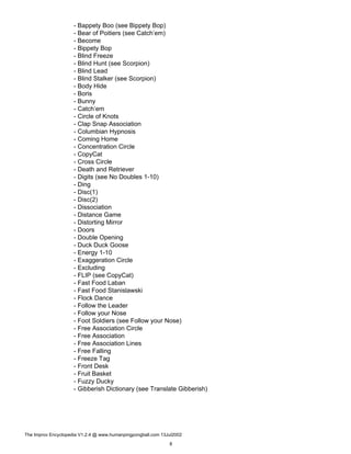 - Bappety Boo (see Bippety Bop)
- Bear of Poitiers (see Catch’em)
- Become
- Bippety Bop
- Blind Freeze
- Blind Hunt (see Scorpion)
- Blind Lead
- Blind Stalker (see Scorpion)
- Body Hide
- Boris
- Bunny
- Catch’em
- Circle of Knots
- Clap Snap Association
- Columbian Hypnosis
- Coming Home
- Concentration Circle
- CopyCat
- Cross Circle
- Death and Retriever
- Digits (see No Doubles 1-10)
- Ding
- Disc(1)
- Disc(2)
- Dissociation
- Distance Game
- Distorting Mirror
- Doors
- Double Opening
- Duck Duck Goose
- Energy 1-10
- Exaggeration Circle
- Excluding
- FLIP (see CopyCat)
- Fast Food Laban
- Fast Food Stanislawski
- Flock Dance
- Follow the Leader
- Follow your Nose
- Foot Soldiers (see Follow your Nose)
- Free Association Circle
- Free Association
- Free Association Lines
- Free Falling
- Freeze Tag
- Front Desk
- Fruit Basket
- Fuzzy Ducky
- Gibberish Dictionary (see Translate Gibberish)
The Improv Encyclopedia V1.2.4 @ www.humanpingpongball.com 13Jul2002
8
 
