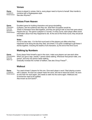 Verses
Game
Limitations
Performance
Scene is played in verses, that is, every player need to rhyme to herself. Nice handle to
combine with a Shakespeare style.
See also RhymesG .
Voices From Heaven
Game
Characters
Exercise
Narration
Performance
Excellent game for building characters and group-storytelling.
4 players, ask the audience who they are, what their occupation would be.
These 4 characters have died together, and they are going to tell us how that came about.
Players line up. The game is played in 3 rounds. In every round, each player offers some
information about how they happened to die. At the end of the thirds round, they should all
be dead.
Notes
It’s fun to take risks - if in the first round each of the players just offers what they
happened to be doing the day they died, and where. It is quite a challenge to get these 4
stories together, including the deaths of all characters, by the end of the third round.
Walking by Numbers
Game
Concentration
Exercise
Warm-up
Every player finds himself a spot in the room, make sure players can see each other.
When you give a sign, exactly 1 person starts walking. Whenever that person halts, one
person, and only one person starts walking.
Gradually increase the number of walkers. See also Group FreezeG .
Walkout
Game
Limitations
Performance
You need at least 3 players for this one. Give each player a word. Start playing a scene
with 2 players. As soon as a player hears her word, she has to leave the scene. As soon
as she hear her word again, she needs to walk into the scene again. Walkouts and
re-entrances need to be justified.
Also known as Exit GameG.
The Improv Encyclopedia V1.2.4 @ www.humanpingpongball.com 13Jul2002
90
 